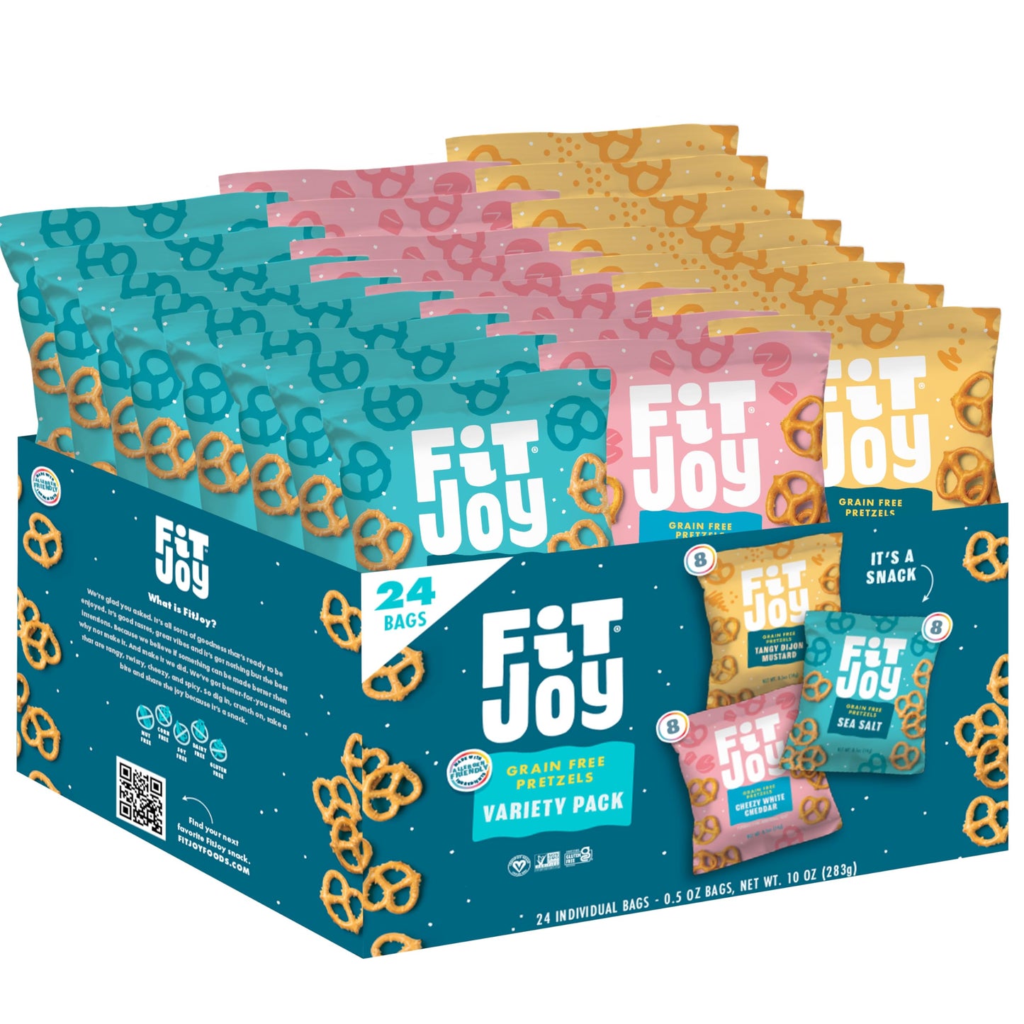 FitJoy Pretzel Variety Pack - Tangy Dijon Mustard, Sea Salt, Cheezy White Cheddar - 24 x 0.5 Oz - Dairy, Nut & Gluten Free