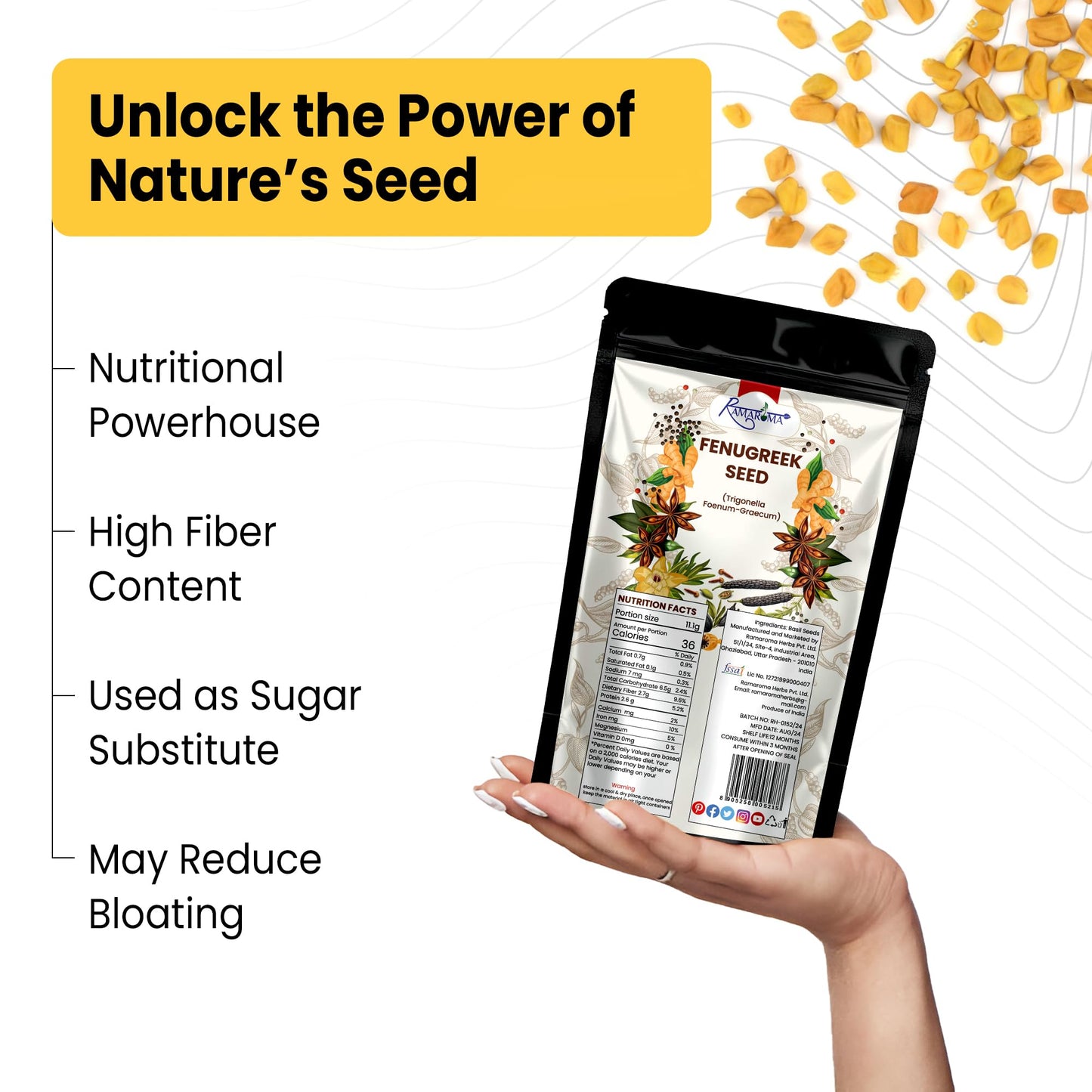 Ramaroma Fenugreek Seeds Whole, All Natural, Vegan, Gluten Friendly, Non-GMO, 5.1oz (144g) Jar, Yellow