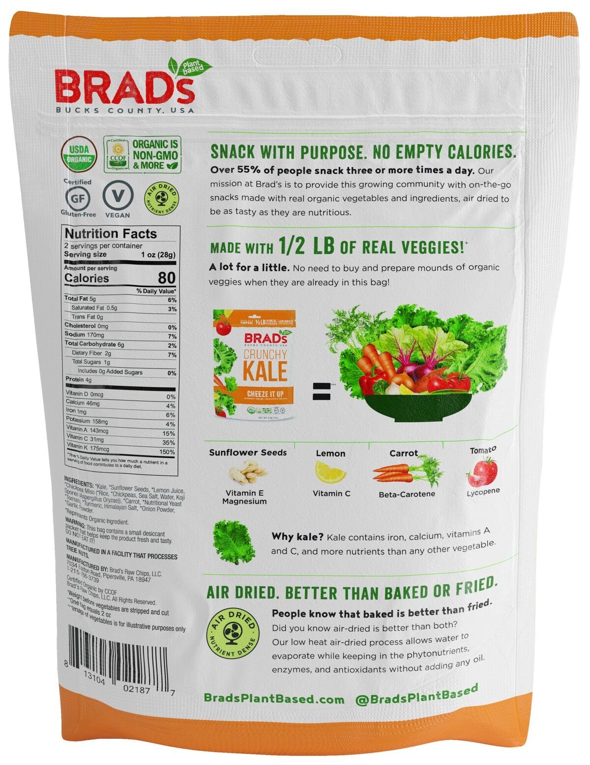 Brads Plant Based Organic Crunchy Kale, Variety Pack (2 Original, 2 Vampire Killer & 2 Cheeze-It-Up), 6 Bags, 12 Servings Total
