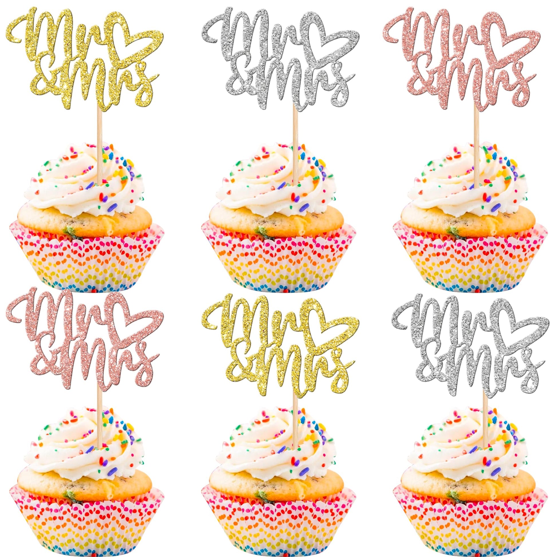 36 PCS Mr & Mrs Cupcake Toppers with Love Heart Glitter Bridal Shower Cupcake Picks for Wedding Engagement Birthday Anniversary 