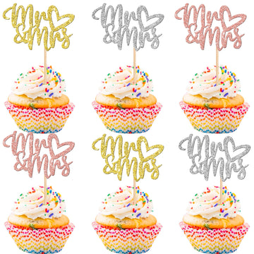 36 PCS Mr & Mrs Cupcake Toppers with Love Heart Glitter Bridal Shower Cupcake Picks for Wedding Engagement Birthday Anniversary 