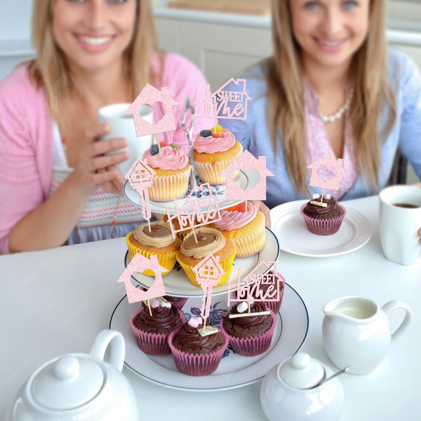 Gyufise Cupcake Toppers - 24 Pack Glitter Housewarming Picks, Light Pink, Paper