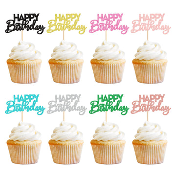 Ercadio 24 Pack Cupcake Toppers, Paper, 8 Colors, Happy Birthday Picks for Kids Party, Baby Shower, Anniversary Cake Decorations