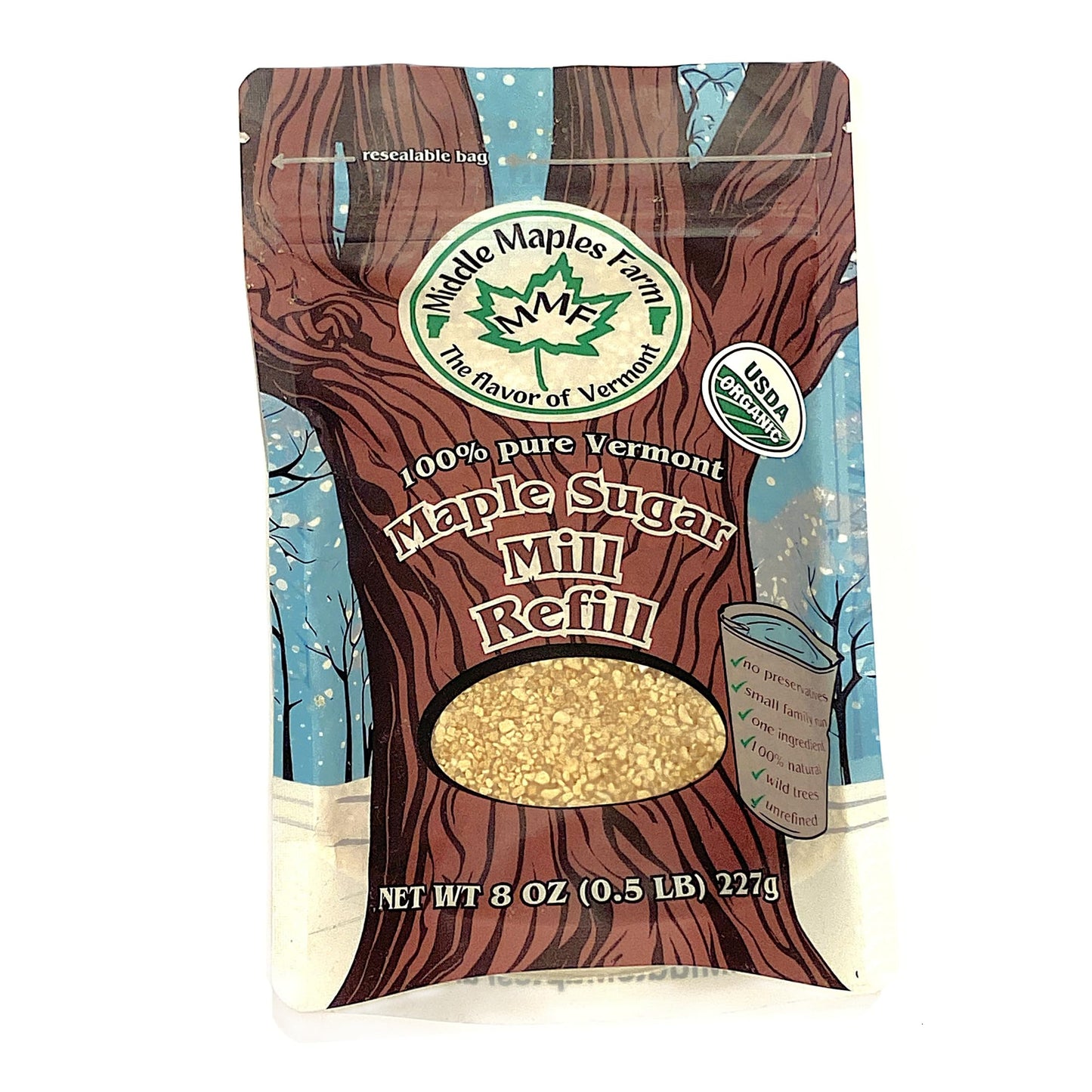 Vermont Pure Organic Coarse Maple Sugar Chunks  Product Of Usa  From Middle Maples Farm  8Oz Resealable Pouch  Use As Sprinkles  In Pancakes  Perfect For Toppings Or Refilling The Maple Sugar Mill  Non-Gmo  No Preservatives  Vegan