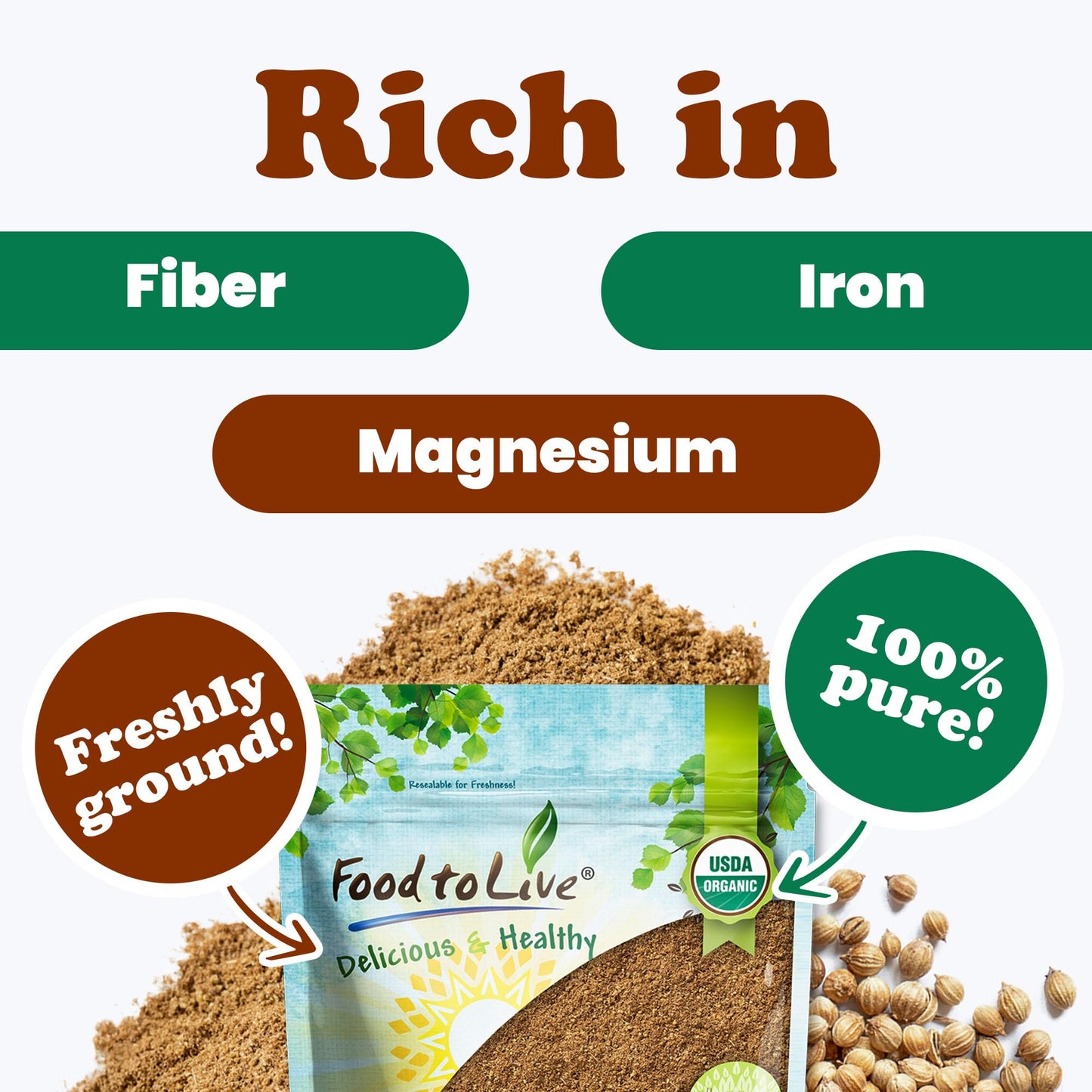 Food To Live Organic Coriander Powder, 12 Ounces - Freshly Ground, Pure, Natural Spice For Cooking, Baking And Seasoning, Non-Gm
