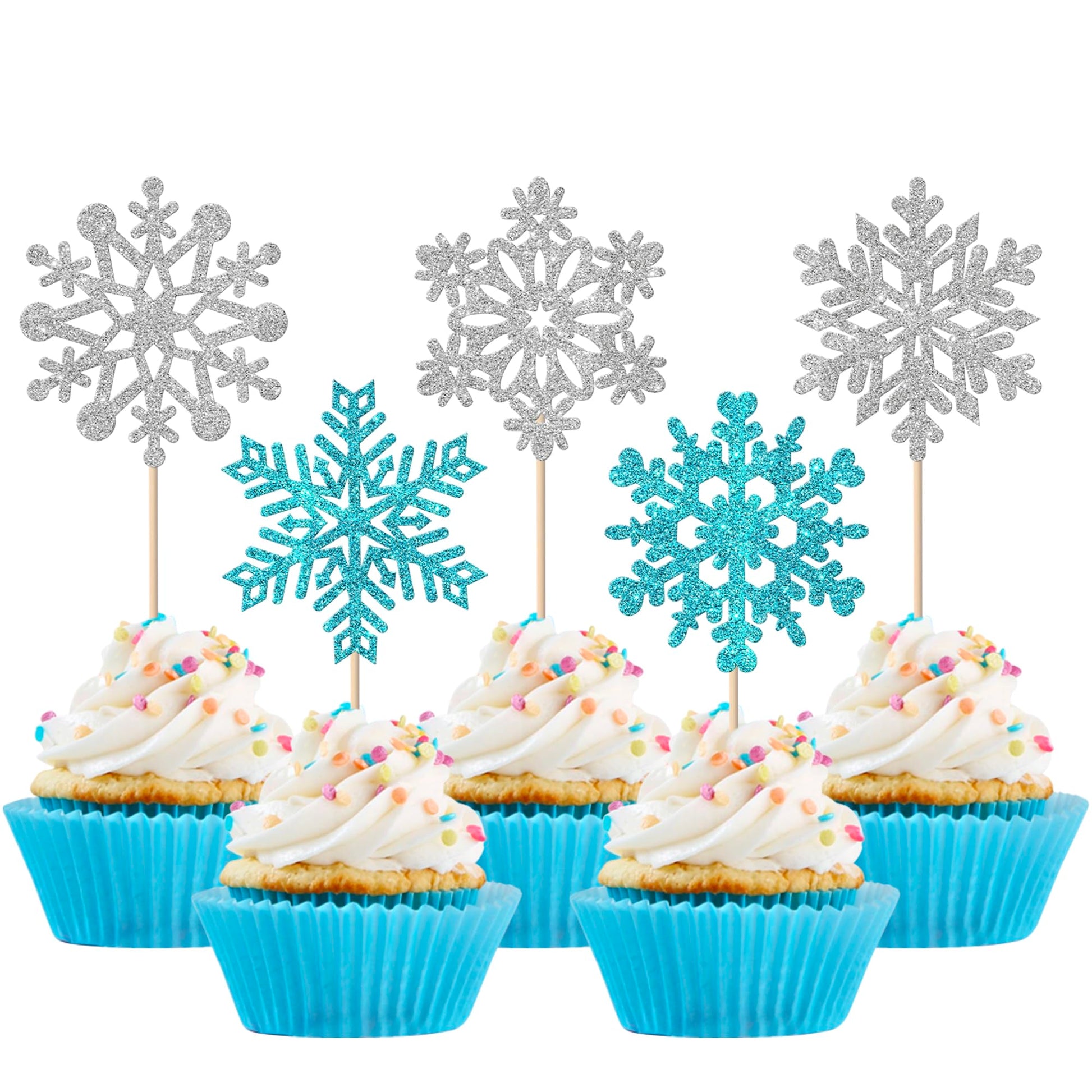 YCTHUNFISH 30 Pack Cupcake Toppers - Glitter Snowflake Picks - Light Blue - Perfect for Christmas, Baby Shower, Kids Birthday Party