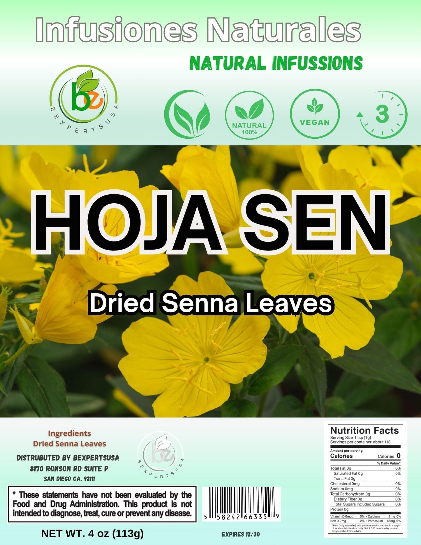 Hoja de Sen T? (Senna Leaf Tea) - 4 oz (113 g) - 100% Natural  Vegan  Gluten-Free - Dried Senna Leaves - Caffeine-Free Herbal Loose Leaf - by BexpertsUSA