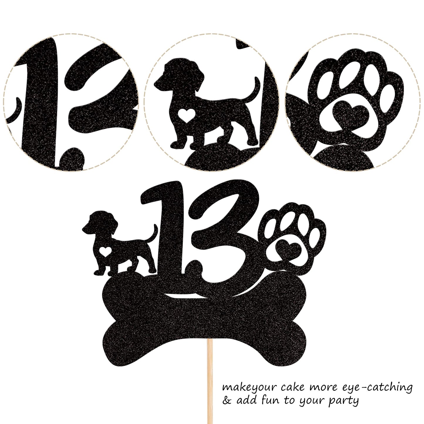 1 Pcs 13Th Birthday Cake Topper Black Glitter Dog Paw Thirteen Years Old Birthday Puppy Dog Bone Cake Pick For Let'S Pawty Baby