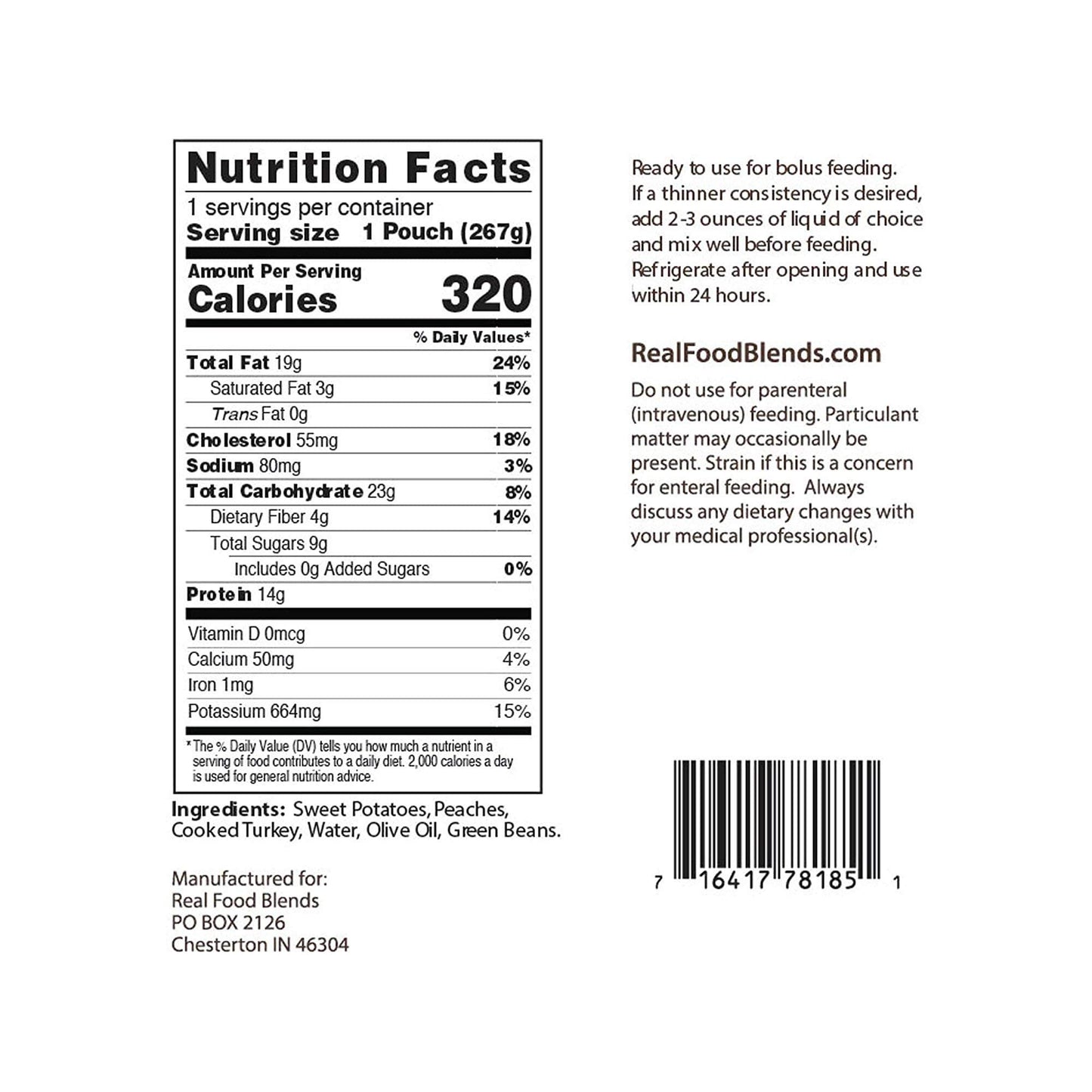 Real Food Blends - Turkey, Sweet Potatoes & Peaches - Meals for Tube Fed People - 9.4 Oz Pouch (Pack of 12)