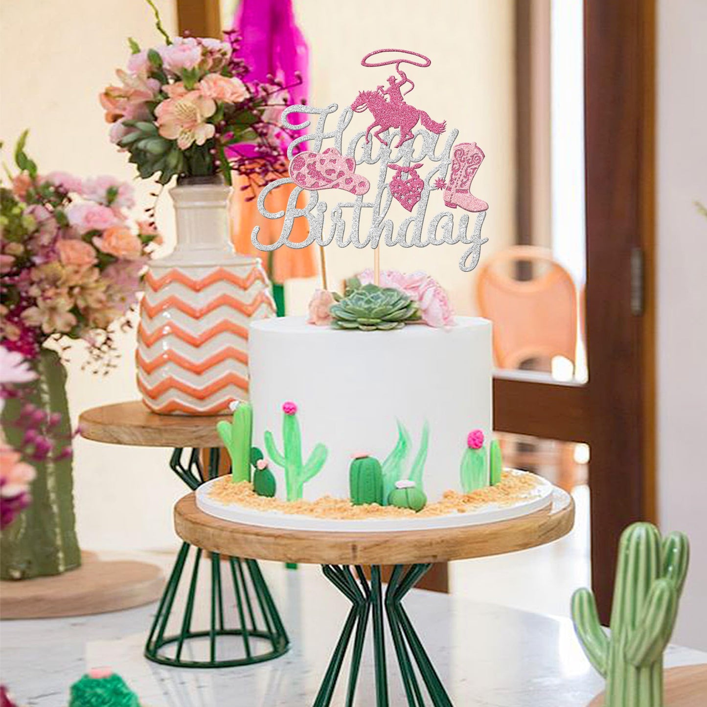 1 Pcs Cowgirl Happy Birthday Cake Topper Sliver Glitter Western Cowgirl Birthday Cake Pick Hat Boot Disco Cowgirl Cake Decoratio