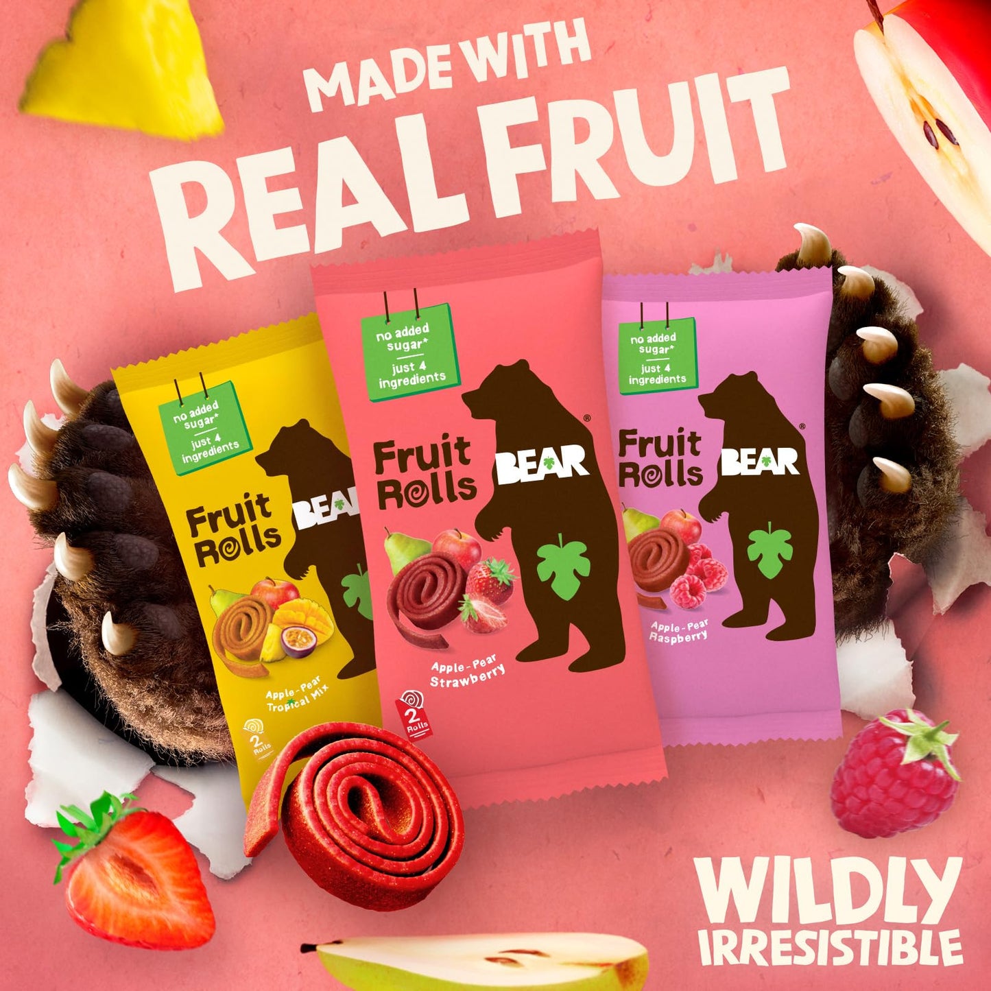 BEAR Real Fruit Snack Rolls - Gluten Free, Vegan, and Non-GMO - Variety Pack (Strawberry, Raspberry, Tropical)) - 48 Rolls, Heal