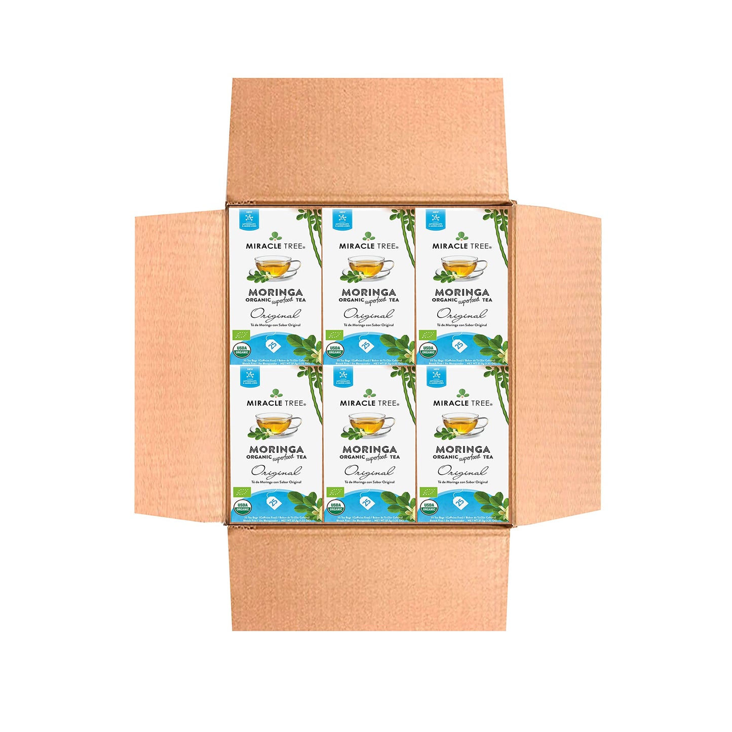 Miracle Tree Organic Moringa Superfood Tea - 25 Individually Sealed Bags, Keto, Vegan, Gluten-Free, 6 Count Pack