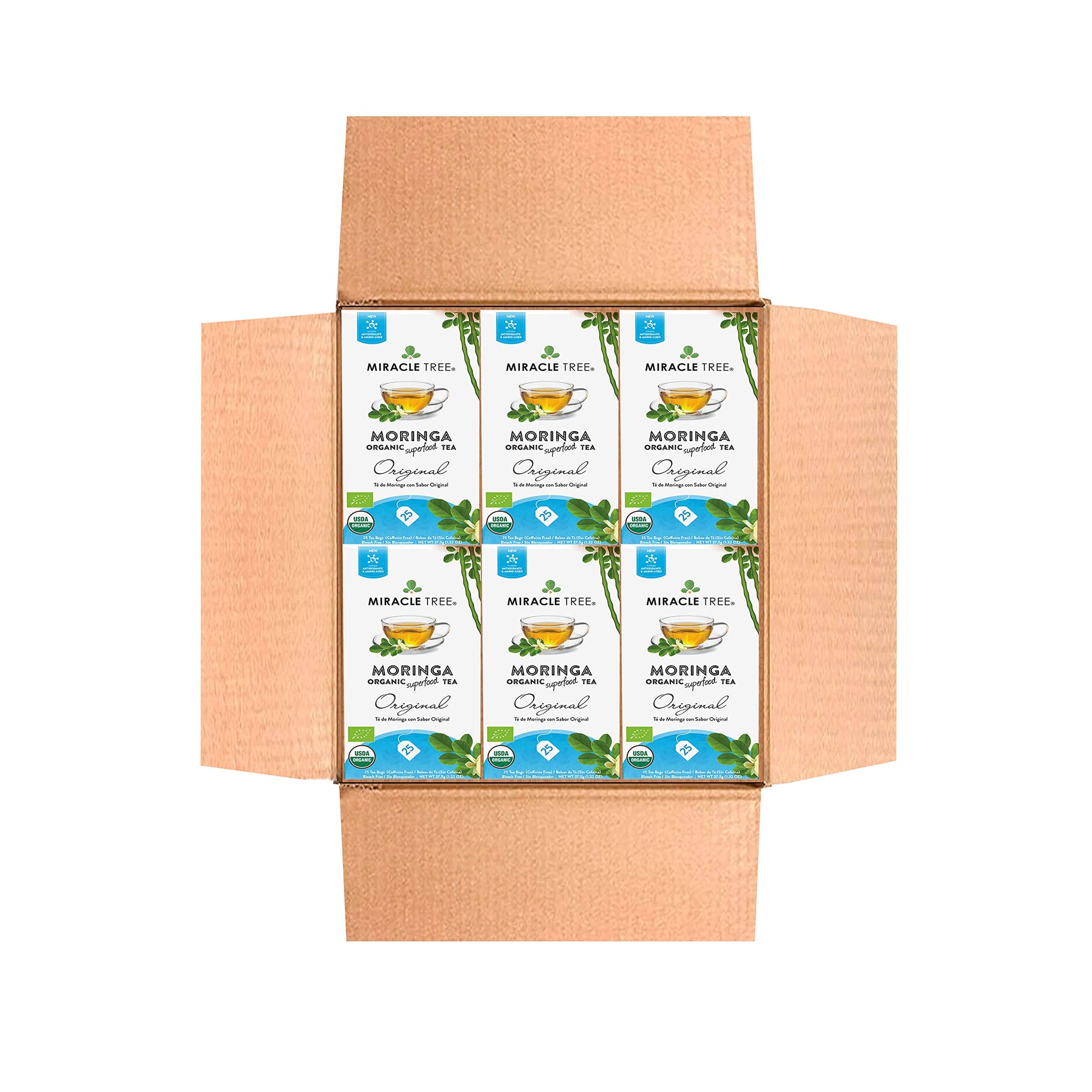 Miracle Tree Organic Moringa Superfood Tea - 25 Individually Sealed Bags, Keto, Vegan, Gluten-Free, 6 Count Pack