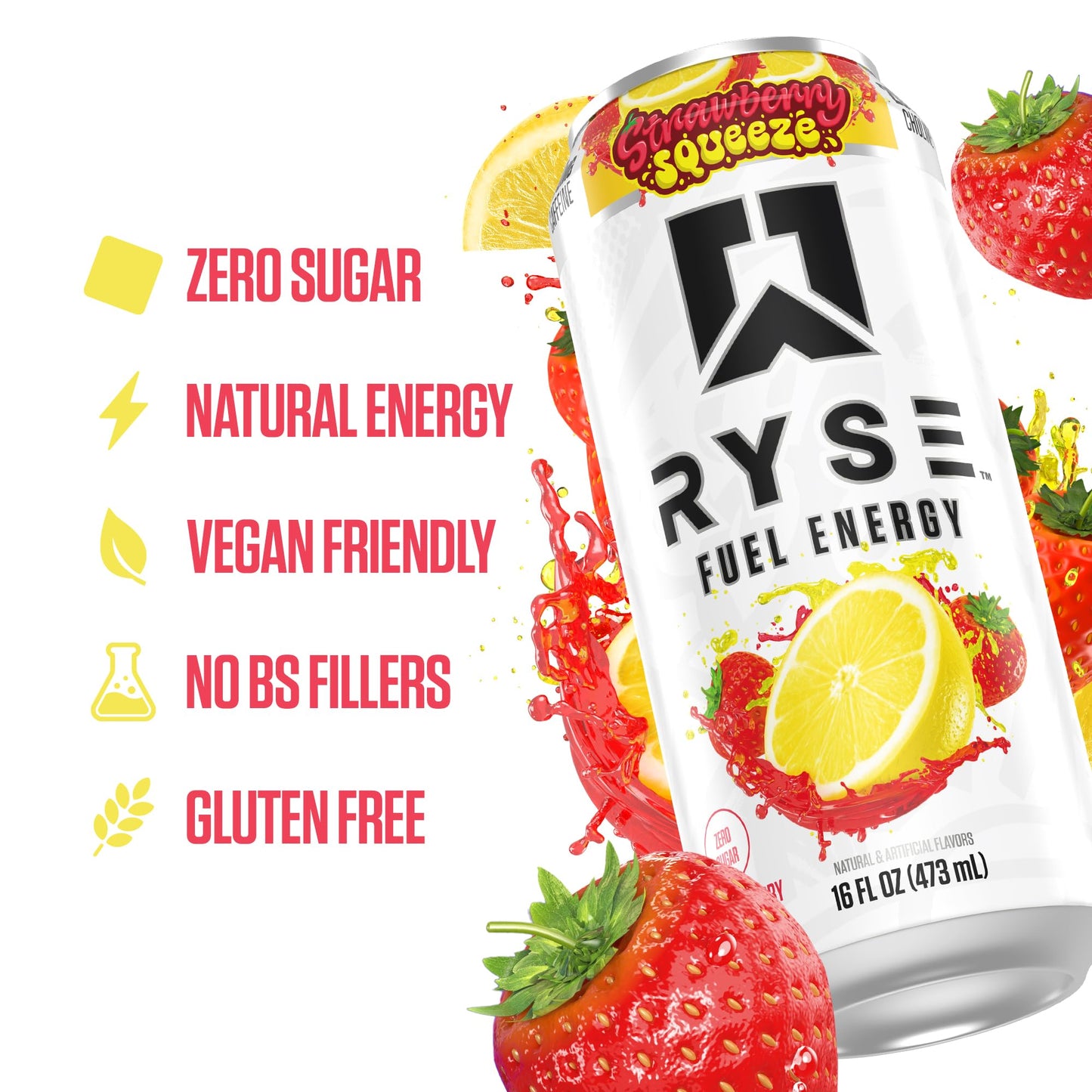 RYSE Fuel Energy Drink - Strawberry Squeeze - Sugar Free & Vegan - 200mg Caffeine - 16 Fl Oz Cans (12-Pack)