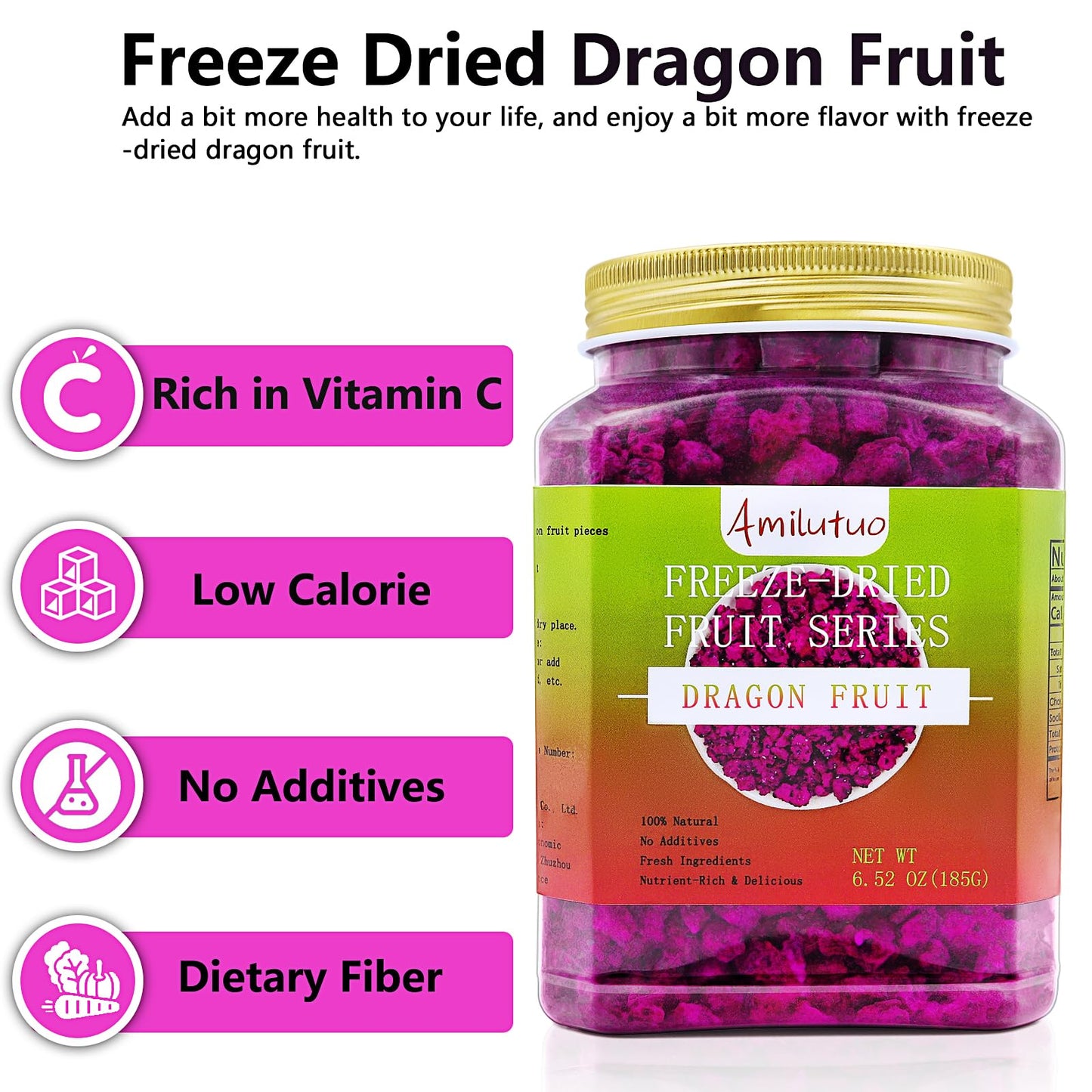 Amilutuo Freeze-Dried Dragon Fruit 6.52OZ - No Added Sugars, Ideal for Infusing Drinks & Baked Goods, Healthy Snack Option