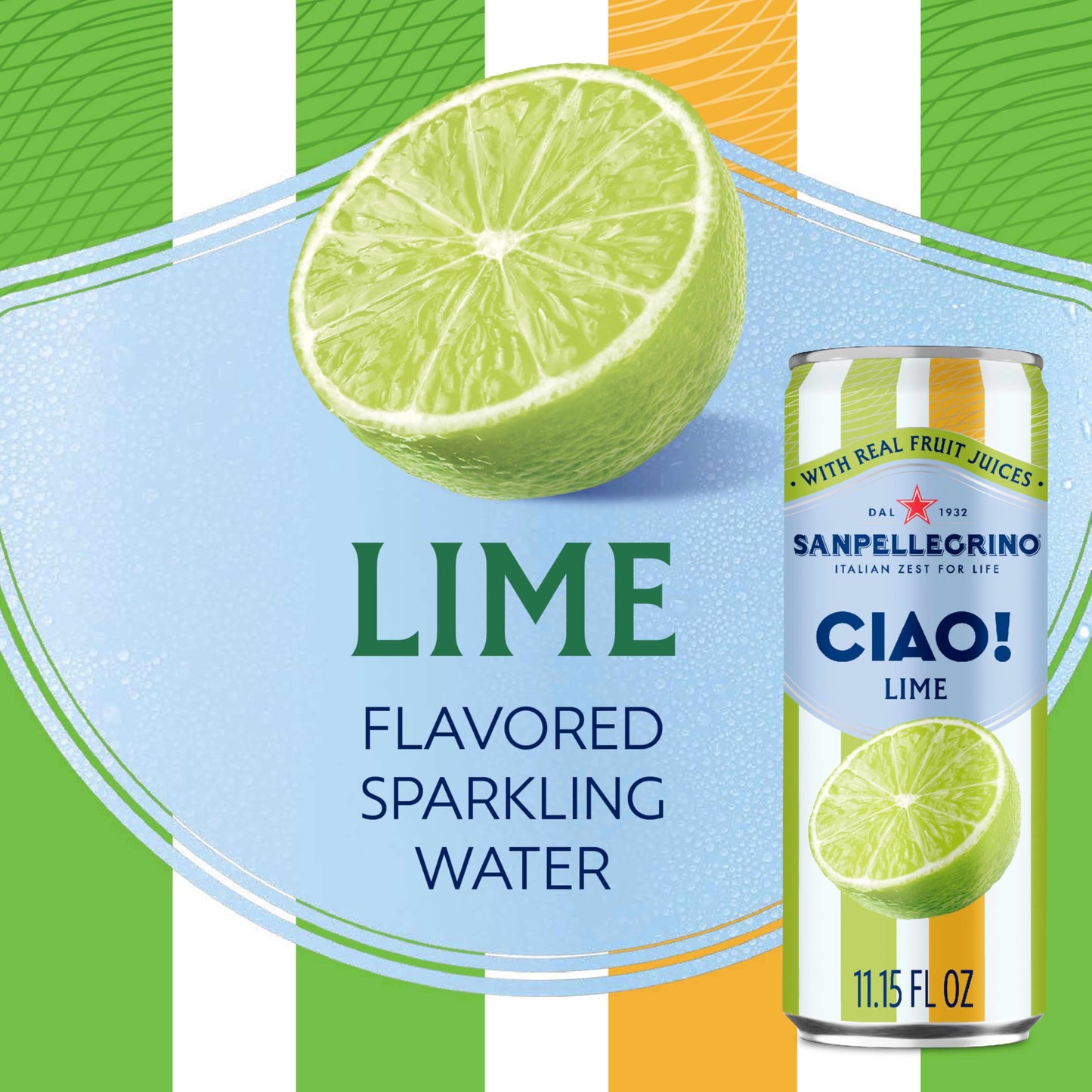 Sanpellegrino CIAO Lime Sparkling Water, Low-Calorie Italian Sparkling Water with Real Fruit Juices, 0g Added Sugar, 6-Pack