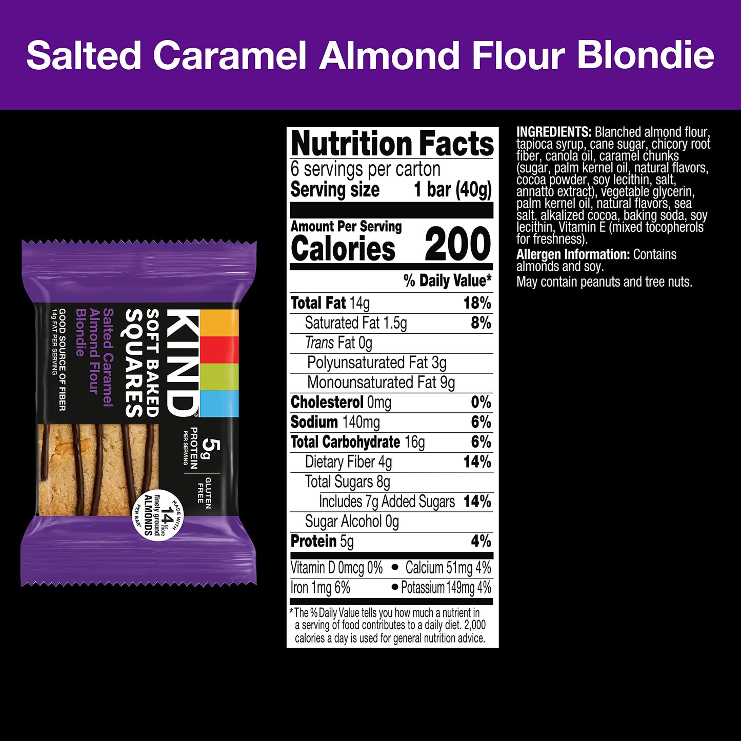 Kind Soft Baked Squares, Salted Caramel Almond Flour Blondie, 6 Count