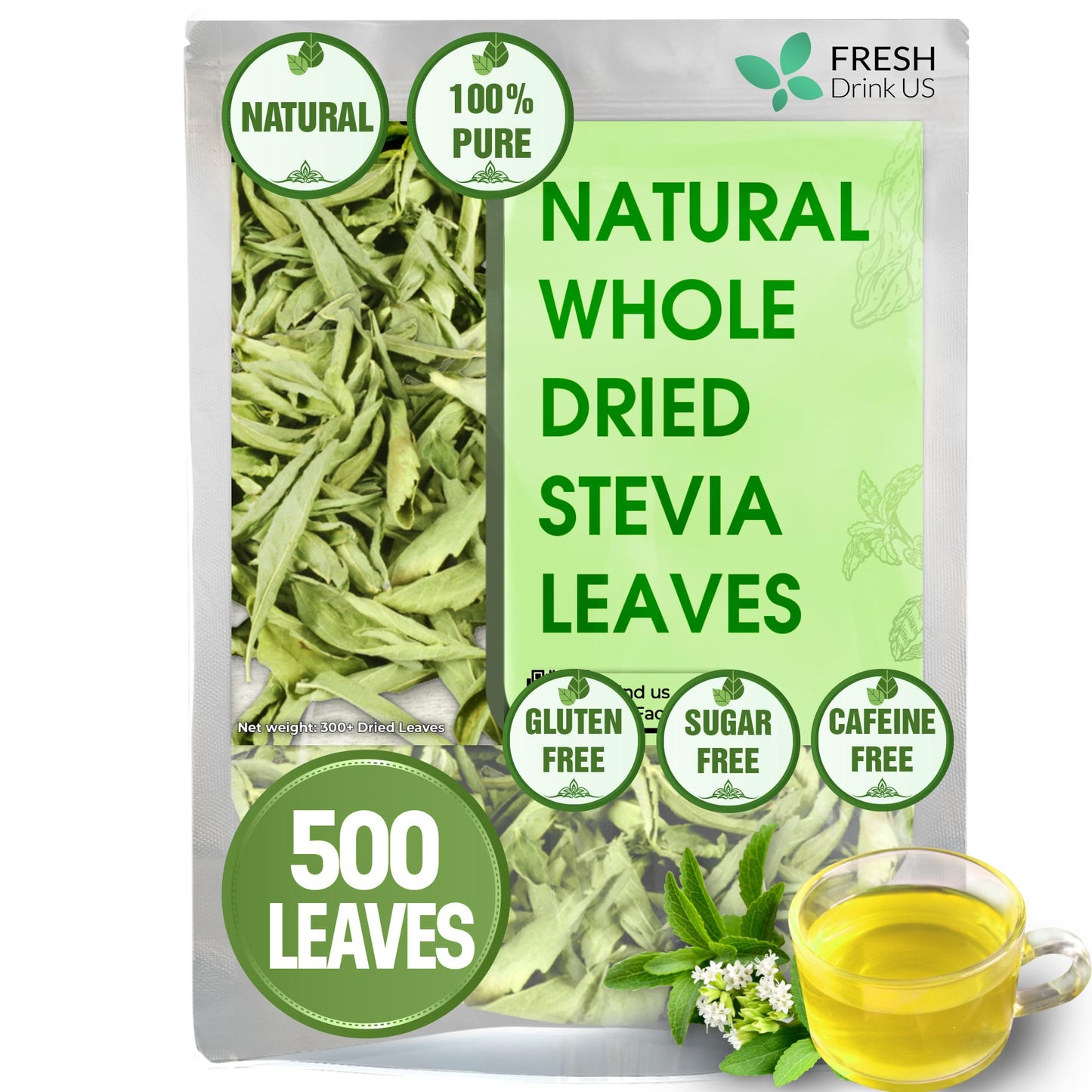 FRESHDRINKUS Premium Stevia Leaves, 100% Pure Dried, Zero Calorie Sweetener, 500 Count