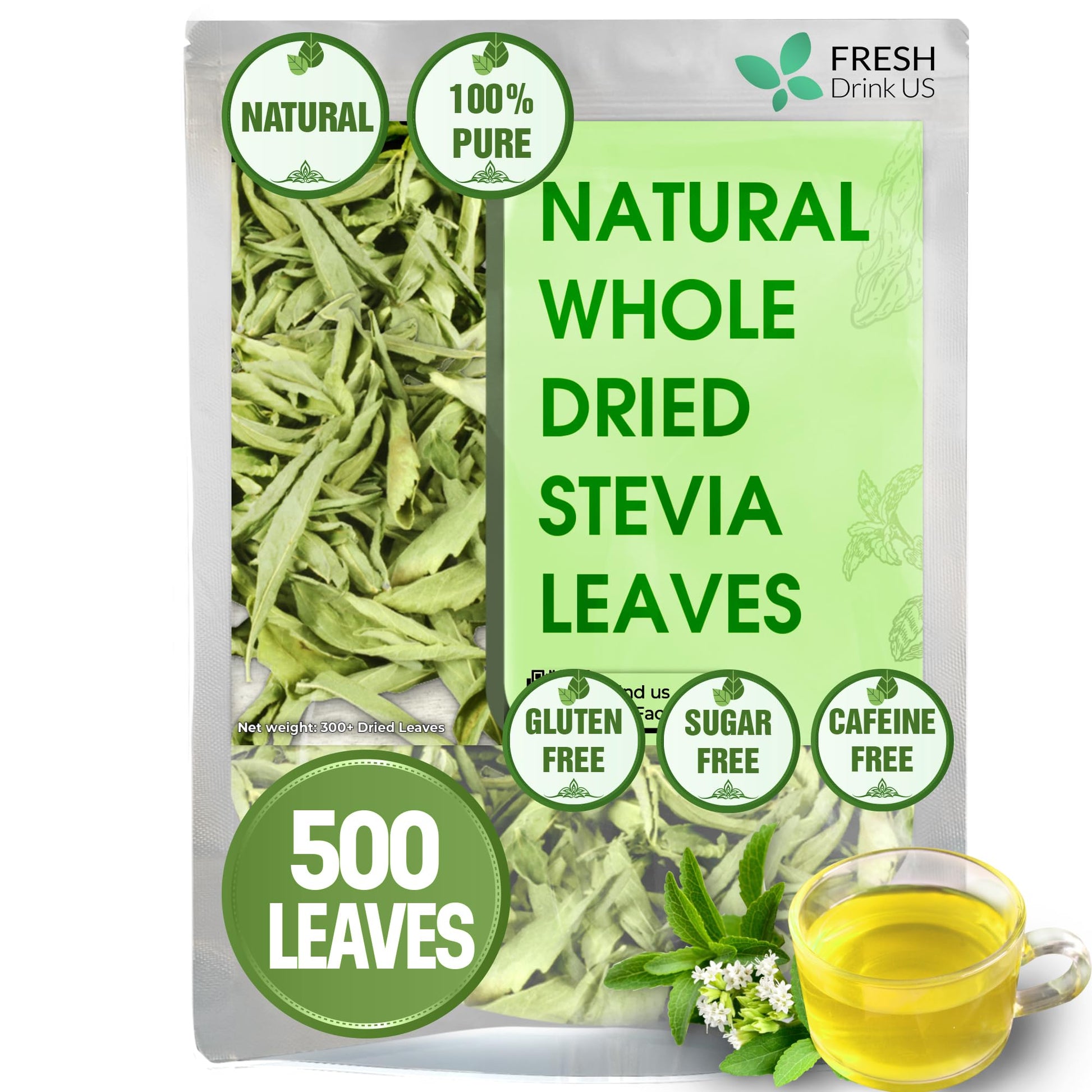 FRESHDRINKUS Premium Stevia Leaves, 100% Pure Dried, Zero Calorie Sweetener, 500 Count