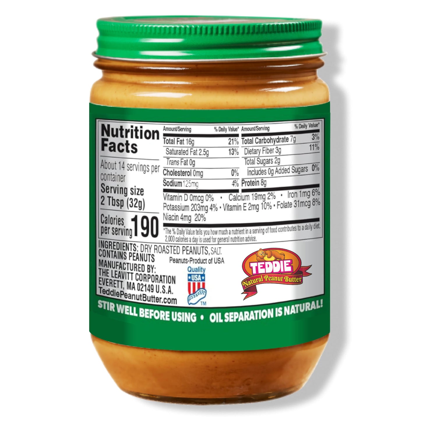 Teddie All Natural Peanut Butter, Smooth, Gluten Free & Vegan, 16 Ounce Glass (Smooth, Pack of 1)