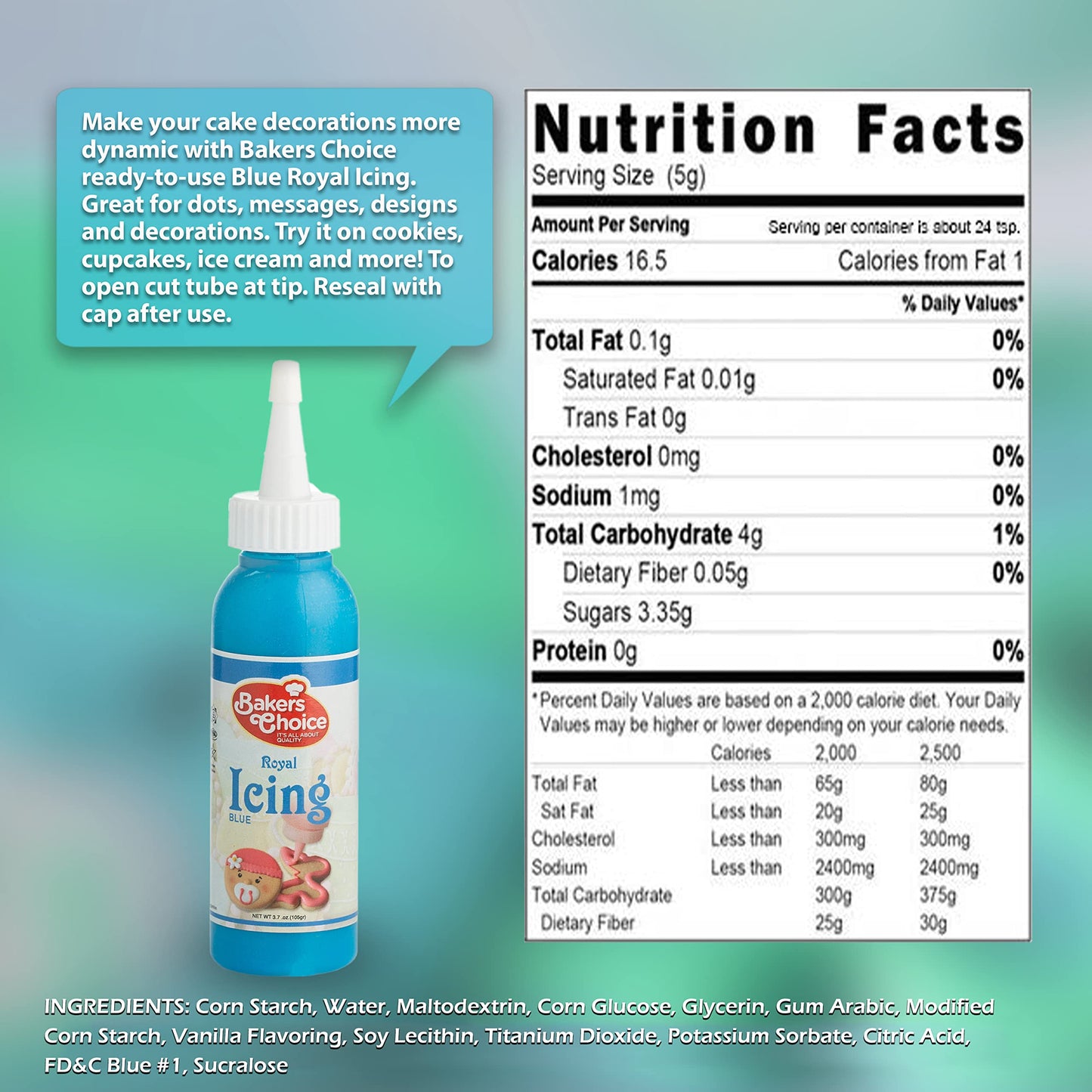 Bakers Choice Blue Cookie Icing - Ready to Use Royal Icing Squeeze Bottles - 3.7 oz. for Cookies, Cakes, Cupcakes and