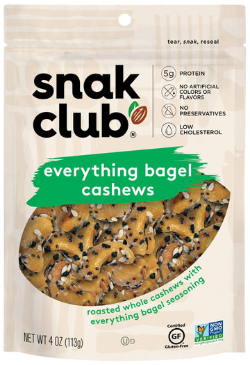 Snak Club Everything Bagel Cashews, Roasted and Seasoned Cashew Nuts Snack, 4 oz Resealable Bag (Pack of 6)