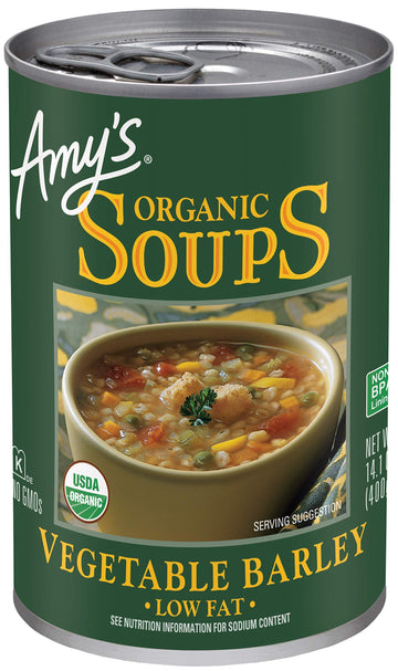 Amys Soup, Vegan Vegetable Barley Soup, Low Fat, Made With Organic Tomatoes, Carrots And Celery, Canned Soup, 14.1 Oz