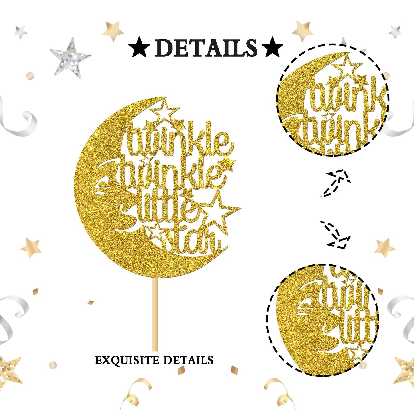 Twinkle Twinkle Little Star Cake Topper Gold Glitter Baby Shower, Baby 1St Birthday, Gender Reveal Party Decorations