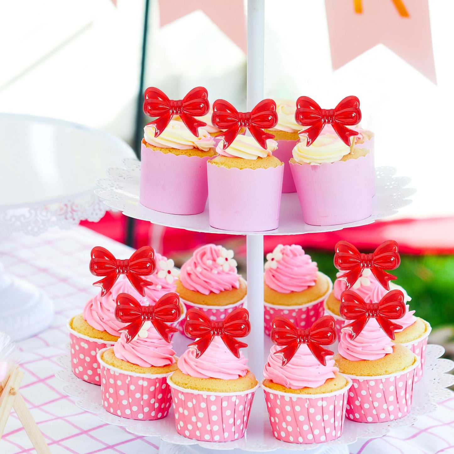 YCTHUNFISH 30 Pack Pink Bow Cupcake Toppers - Paper Bowknot Decorations for Wedding, Bridal Shower, Birthday Party, Red