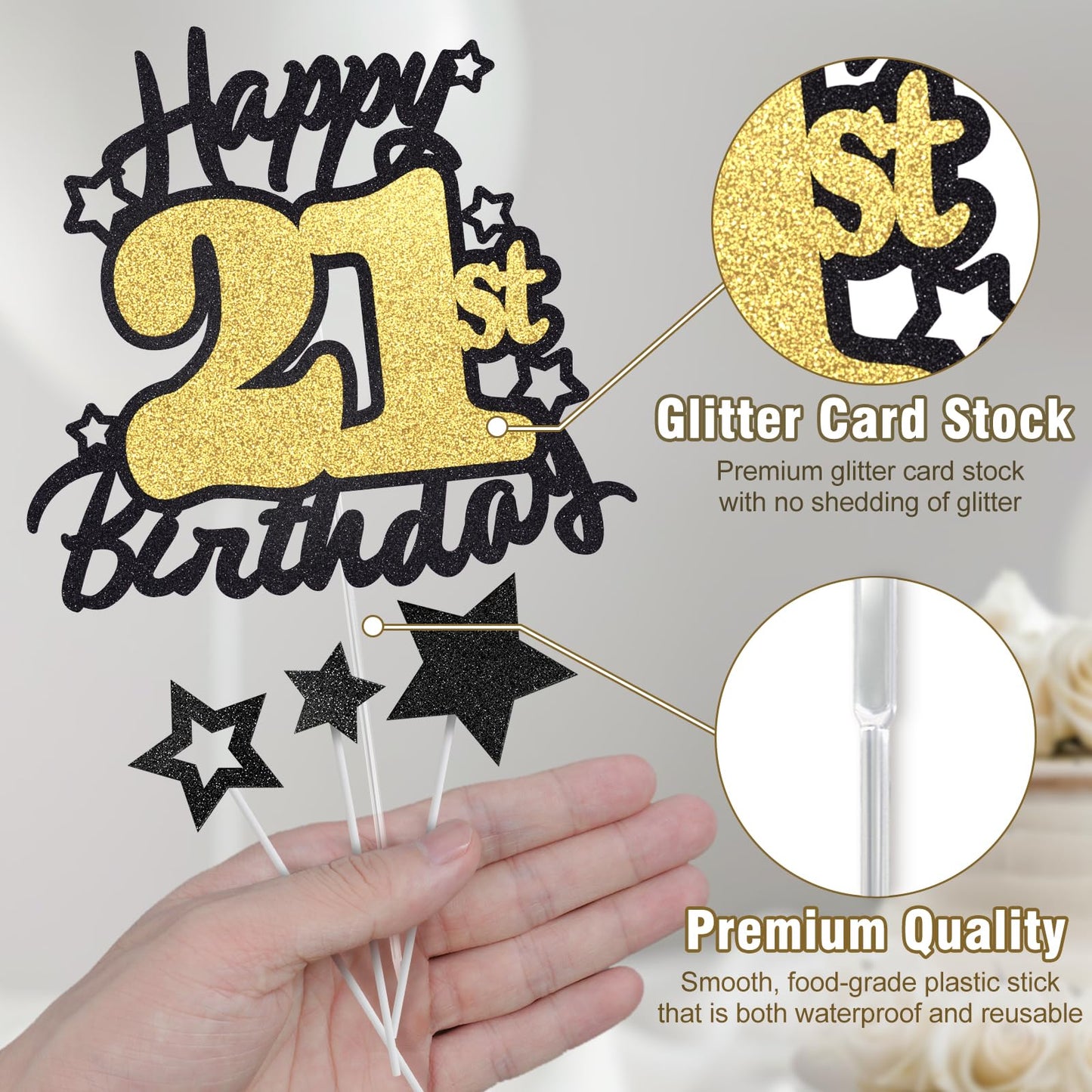 Happy 21St Birthday Cake Topper, Black And Gold Glitter Cake Toppers, 21 Year Birthday Party Cake Decoration
