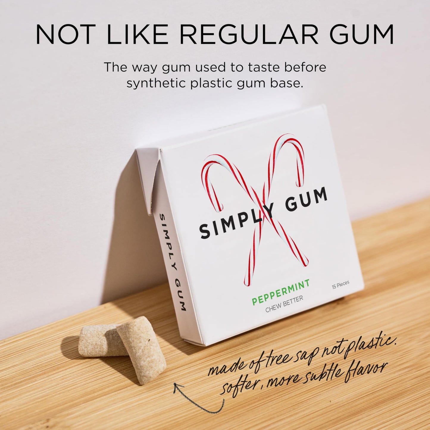 Simply Gum Peppermint Gum - Candy Cane Flavor, Pack of 6 (90 Pieces), Synthetic Free, Aspartame Free, Non-GMO