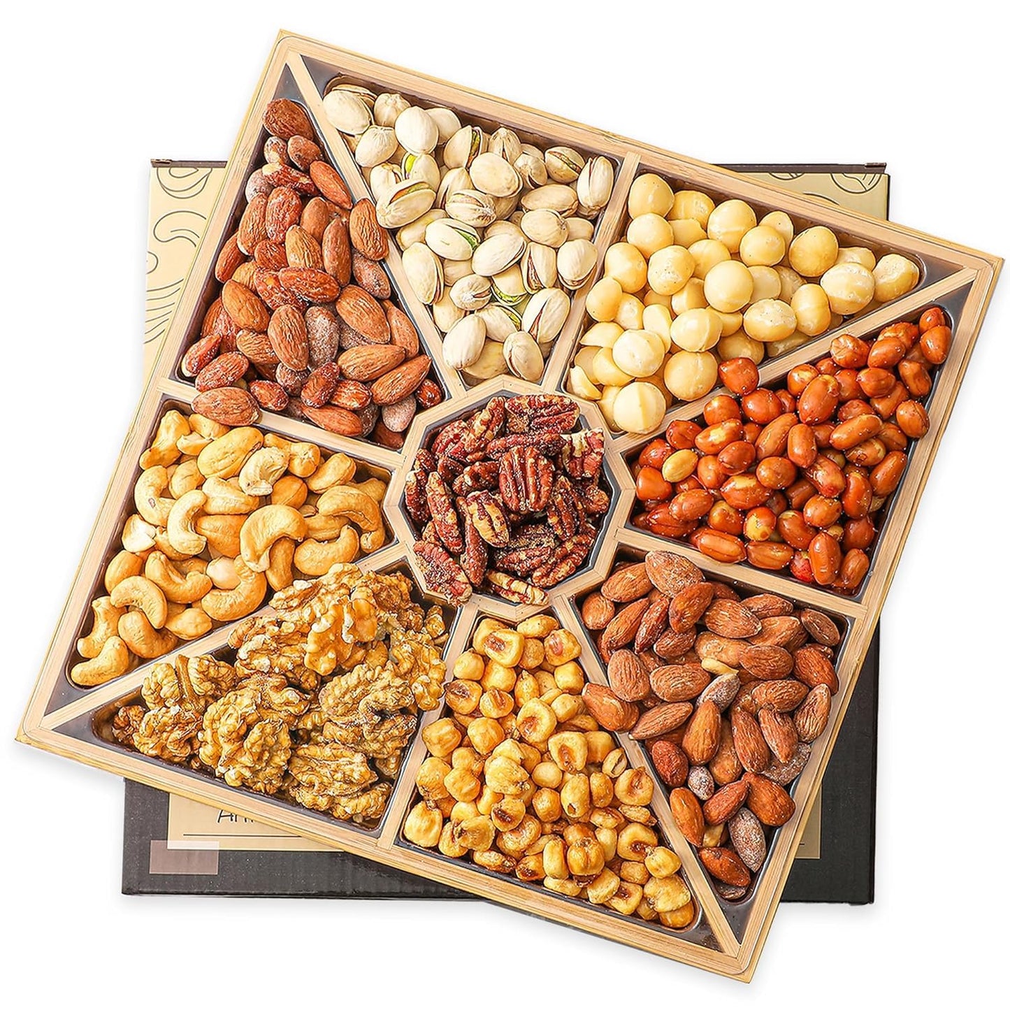Gourmet Mixed Nuts Gift Basket In Sleek Bamboo Wood Reusable Platter | Xl 2 Lb Platter Includes 9 Assortments Of Enhanced Nuts, Kosher