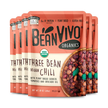 Beanvivo - Organic Three Bean Vegan Chili Pack Of 6 (10 Oz Each) - Seasoned & Ready To Eat Plant Protein Vegan Gluten Free Micro