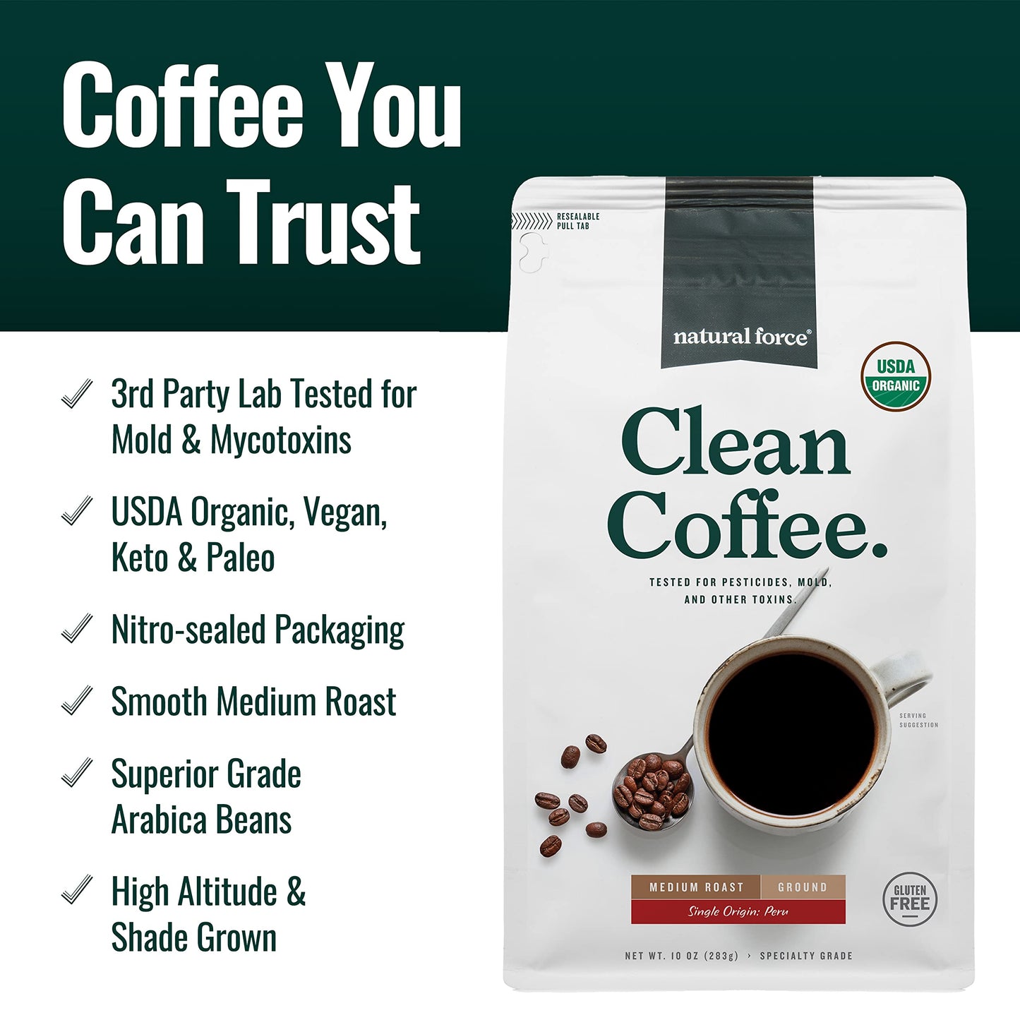 Natural Force - Organic Clean Coffee Classic  Mold & Mycotoxin Free  Lab Tested for Toxins & Purity  Low Acidity  Incredible Taste & Aroma  Ground Medium Roast  10 oz