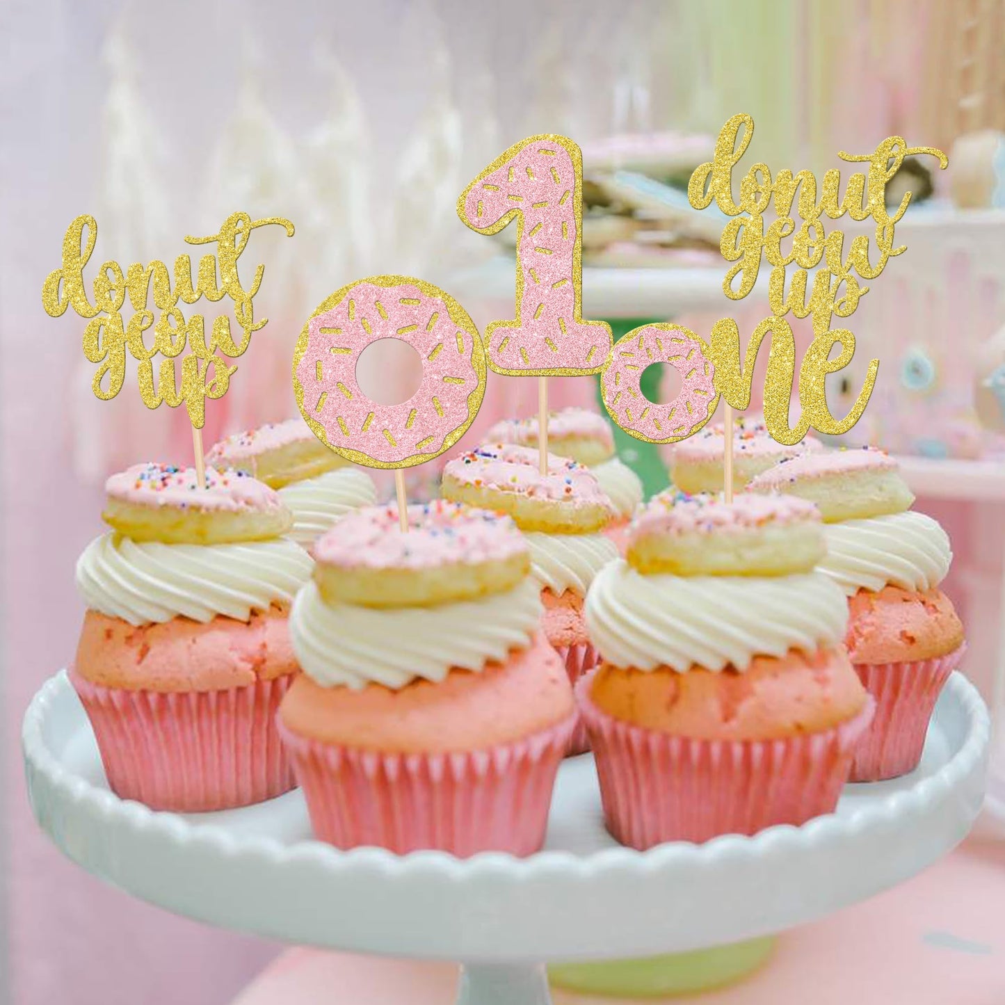 24 Pcs Donut First Birthday Cupcake Toppers Glitter Donut Grow Up One Cupcake Picks Donut 1St Birthday Party Decorations For Don
