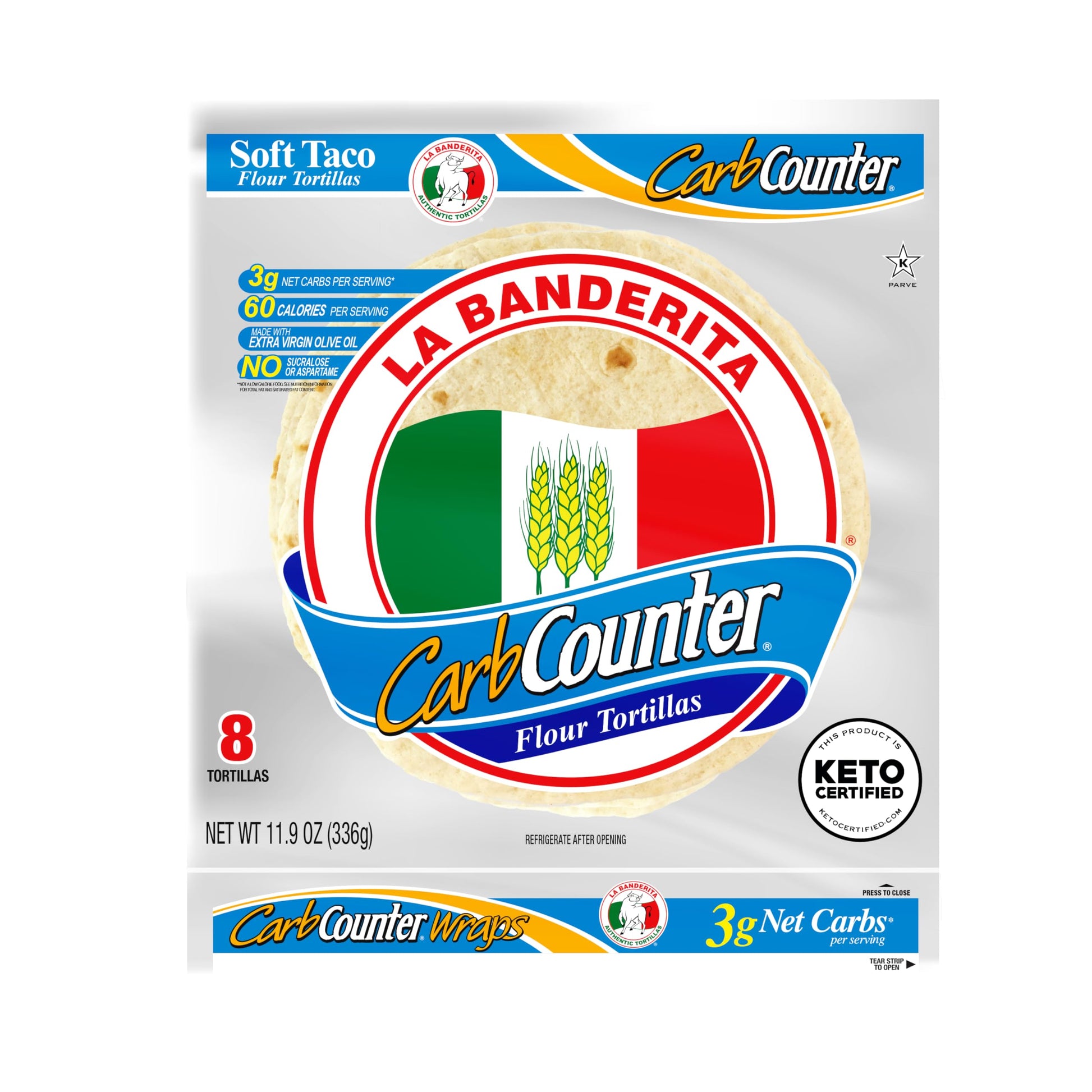 La Banderita Carb Counter White | 8'' Size Flour Tortillas |Carb Friendly |Keto Certified | 11.9 Oz.| 8 Count (Pack Of 4)