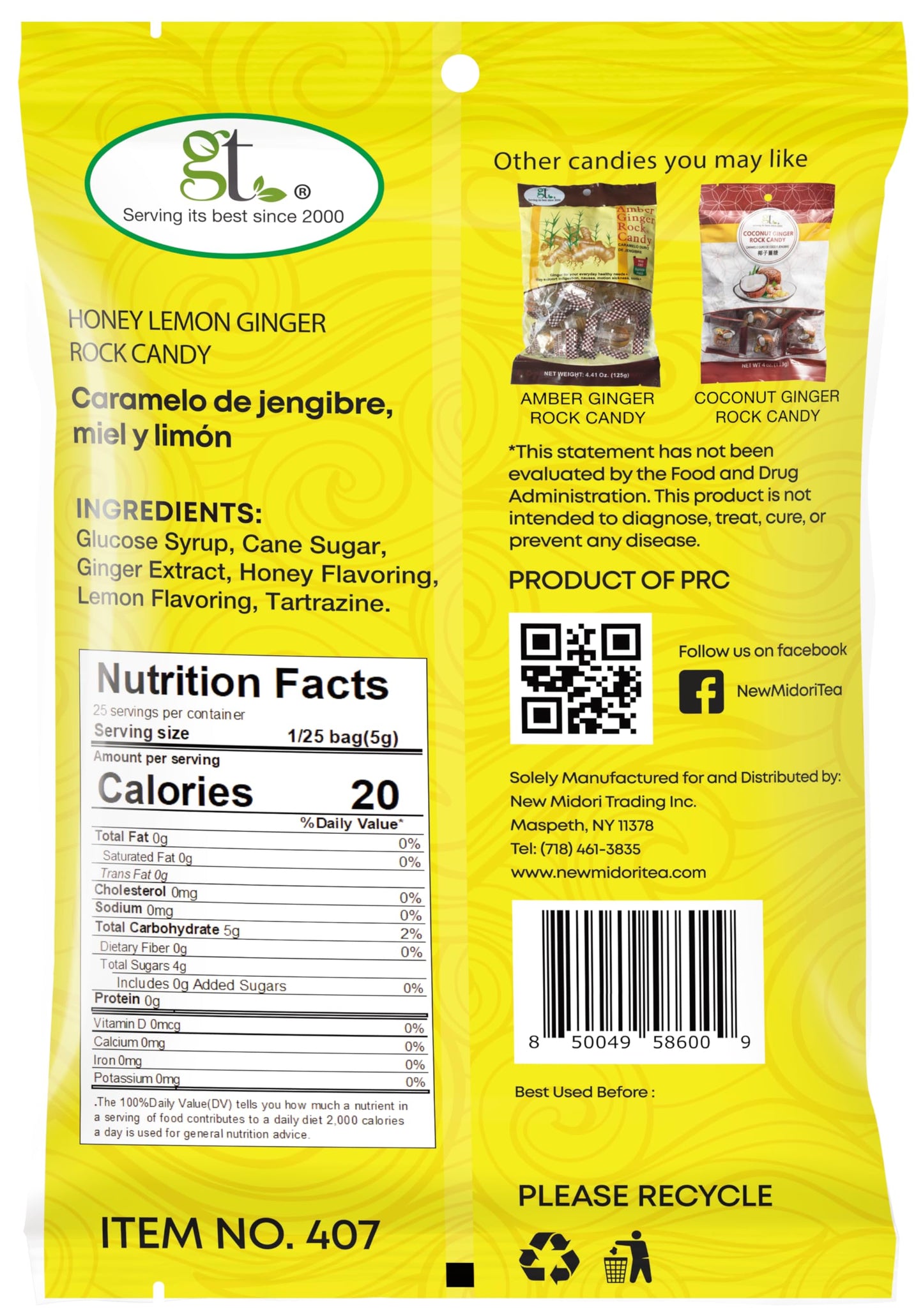 Gt Honey Lemon Ginger Rock Candy, 4.41 Ounce Bag, 6 Pack