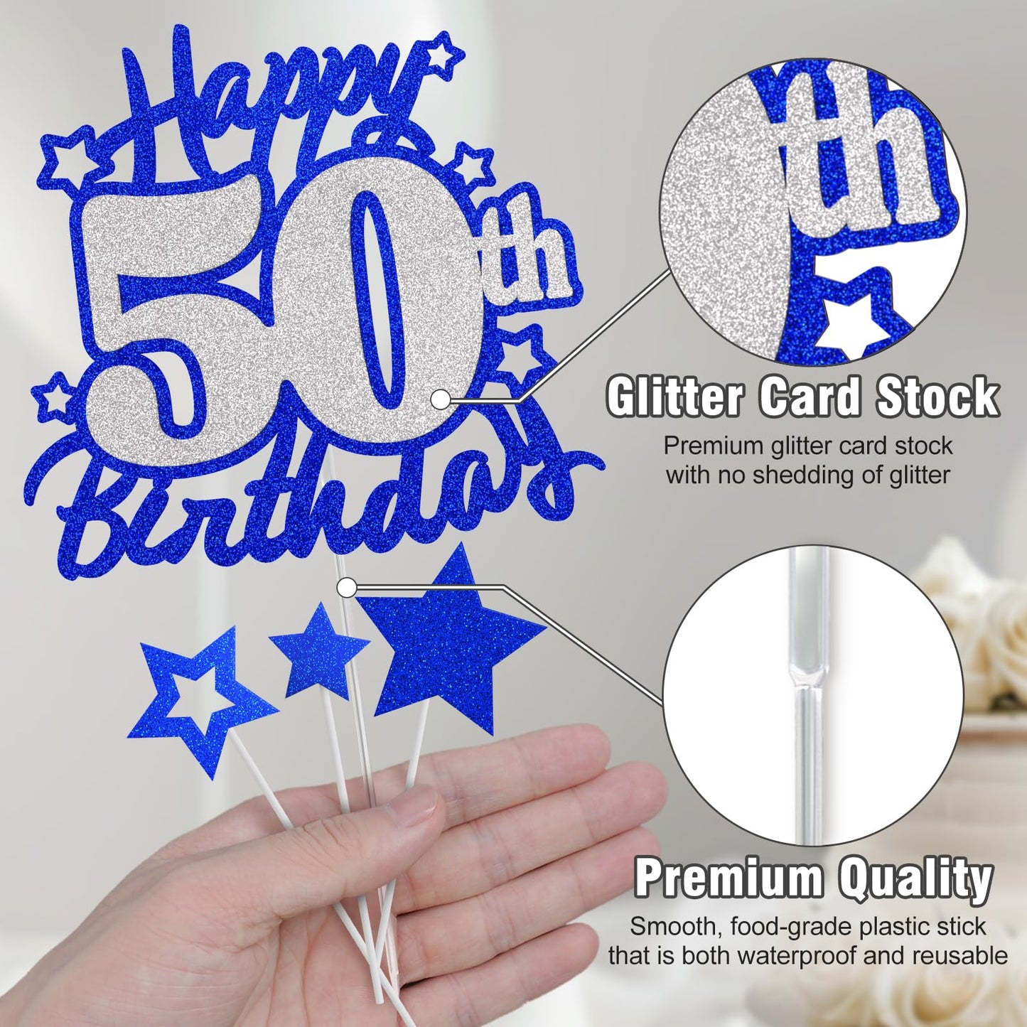 Happy 50Th Birthday Cake Topper, Blue And Silver Glitter Cake Toppers, 50 Year Birthday Party Cake Decoration