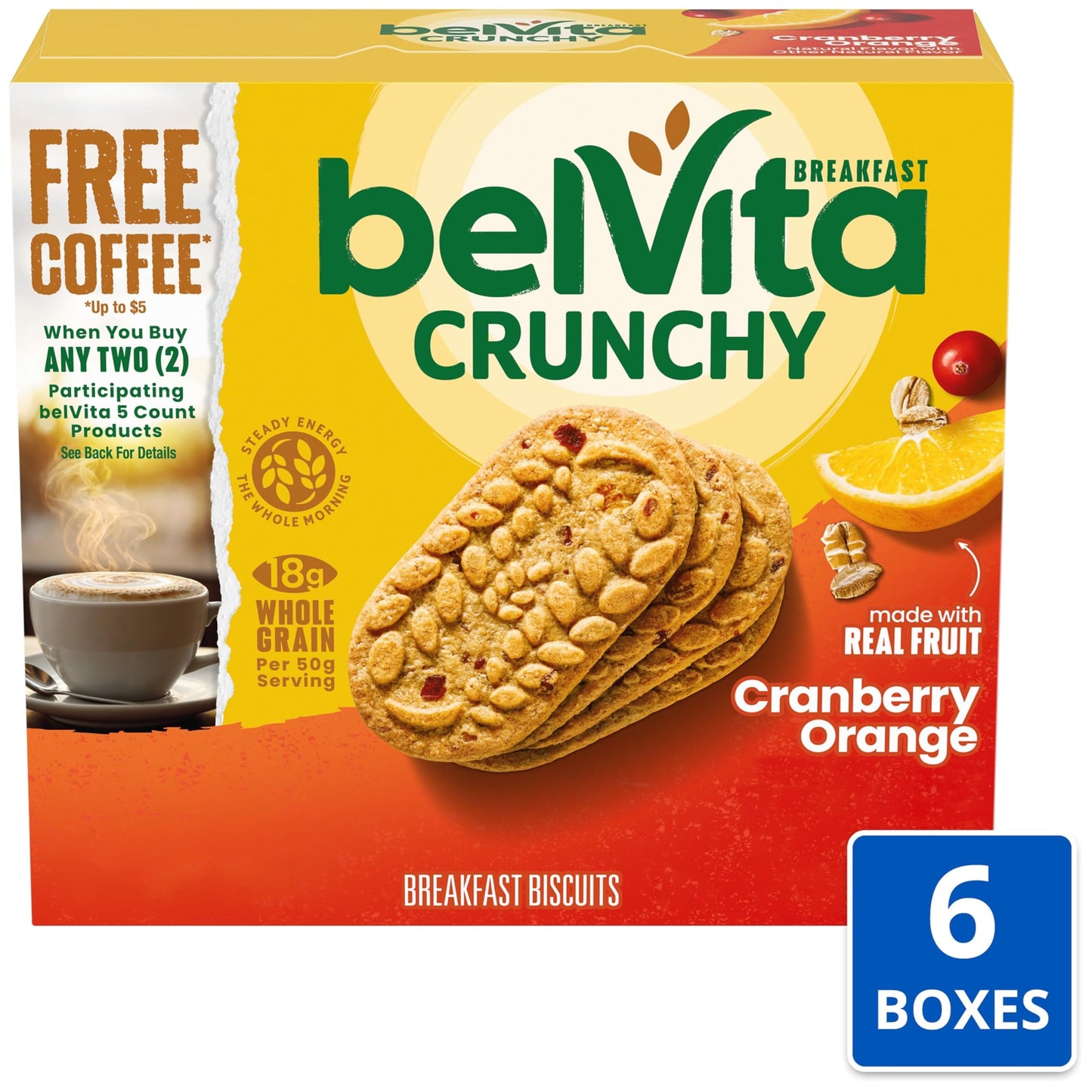 belVita Cranberry Orange Breakfast Biscuits, 30 Total Packs, 6 Boxes (4 Biscuits Per Pack)