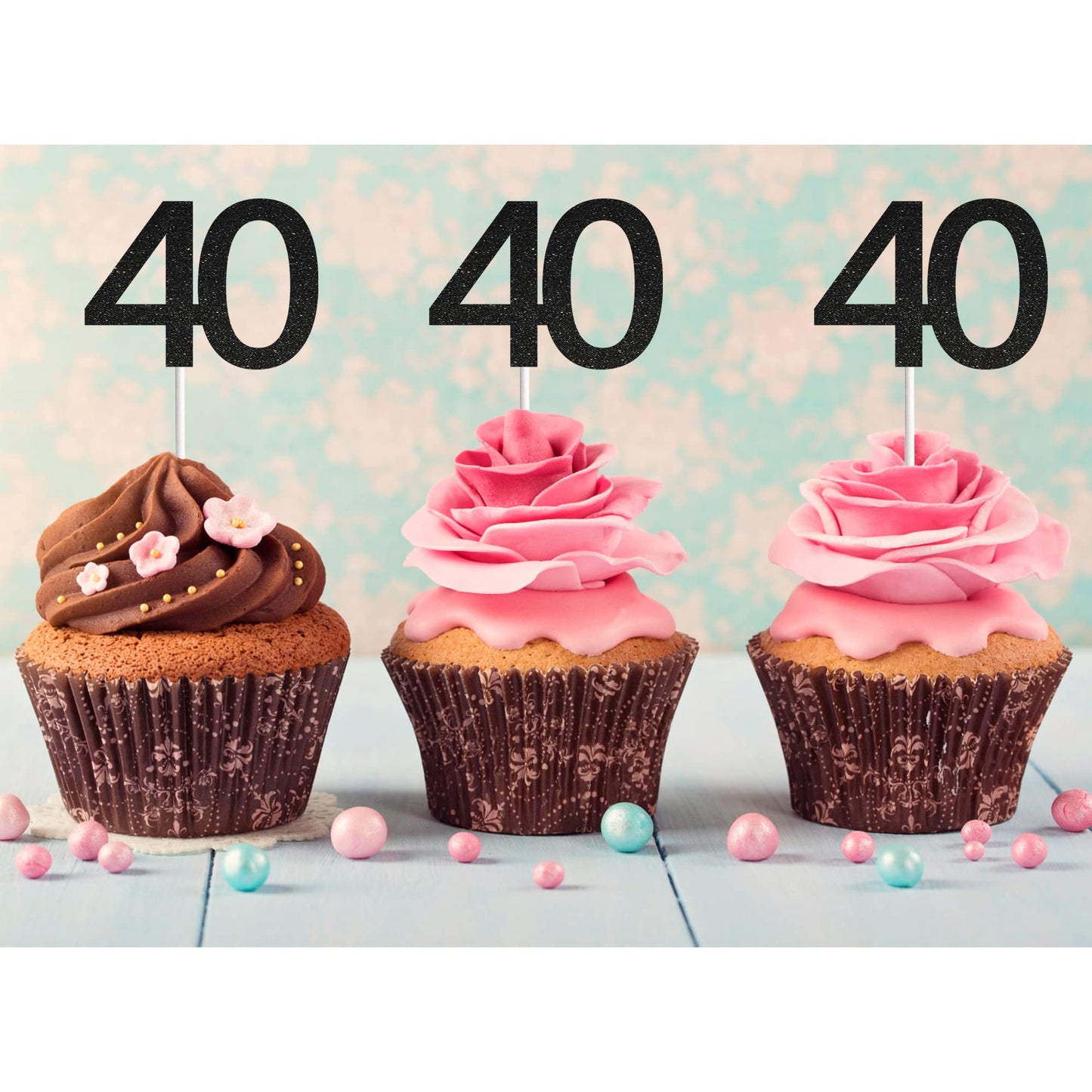 Sumerk 24Pcs 40 Cupcake Toppers Black Glitter 40Th Birthday Cupcake Picks Anniversary Party Decorations
