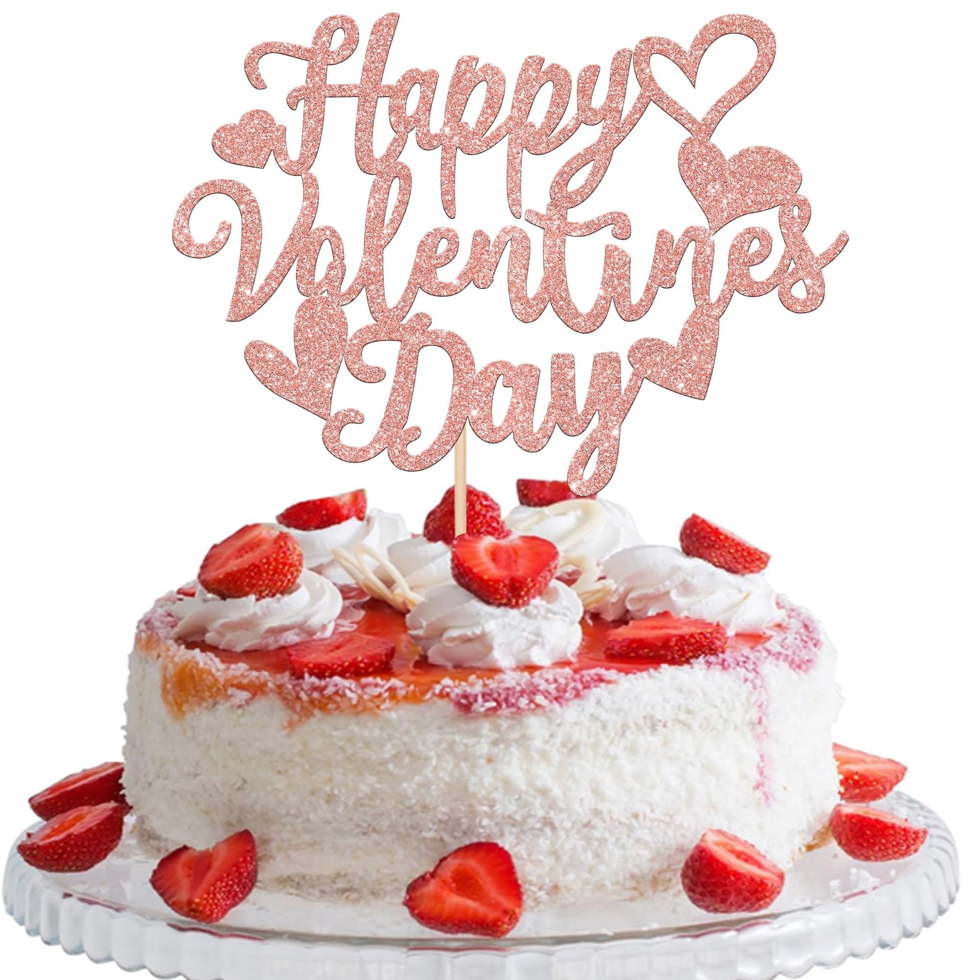 YCTHUNFISH Cake Topper - Glitter Heart Design for Valentines Day, Engagement, Birthday - Rose Gold, Bamboo Material