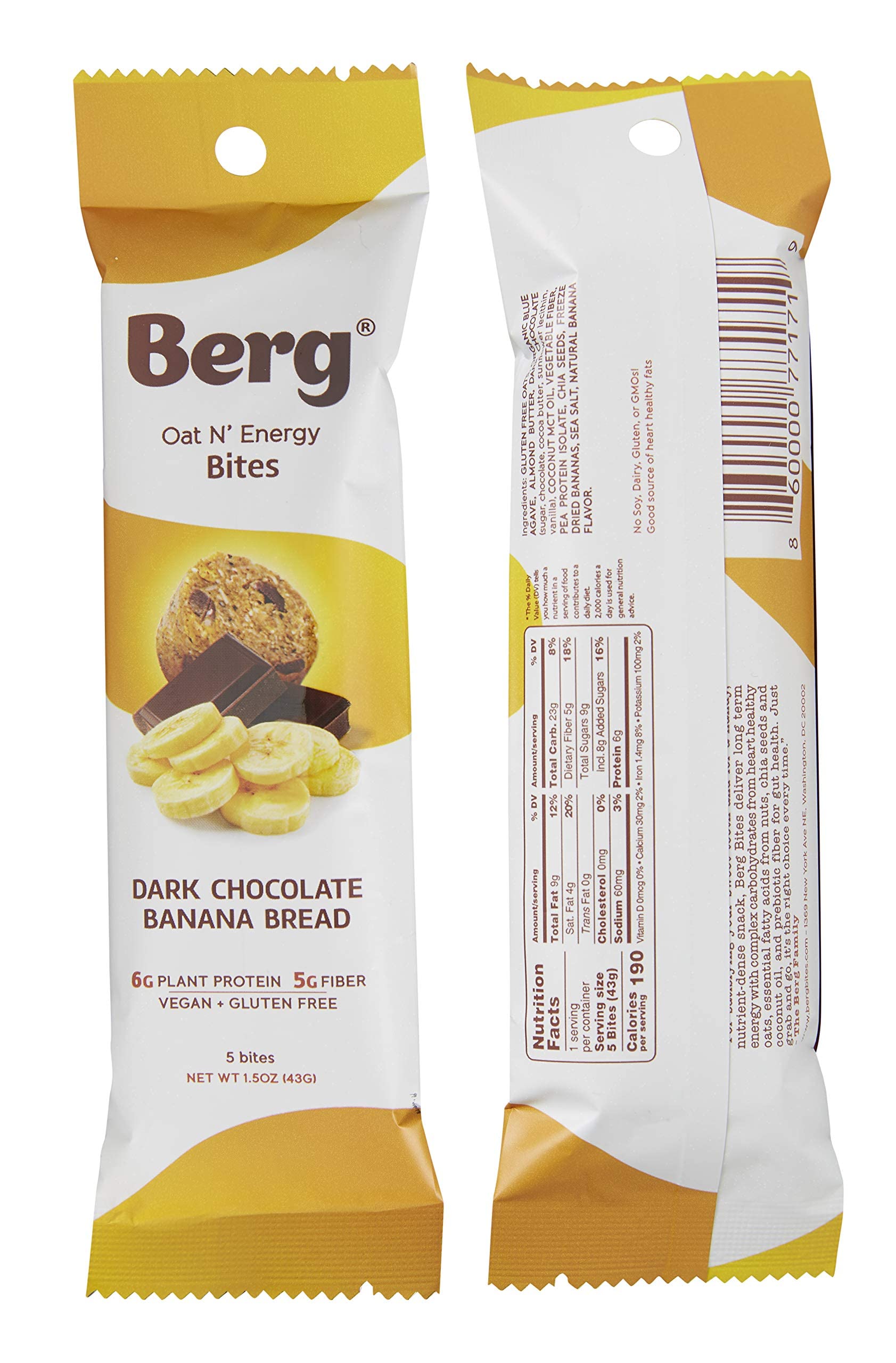 Berg Bites Oat N Energy Bites - Non-GMO, Vegan, Gluten Free - 1.5oz Pack of 8, Dark Chocolate Banana Bread