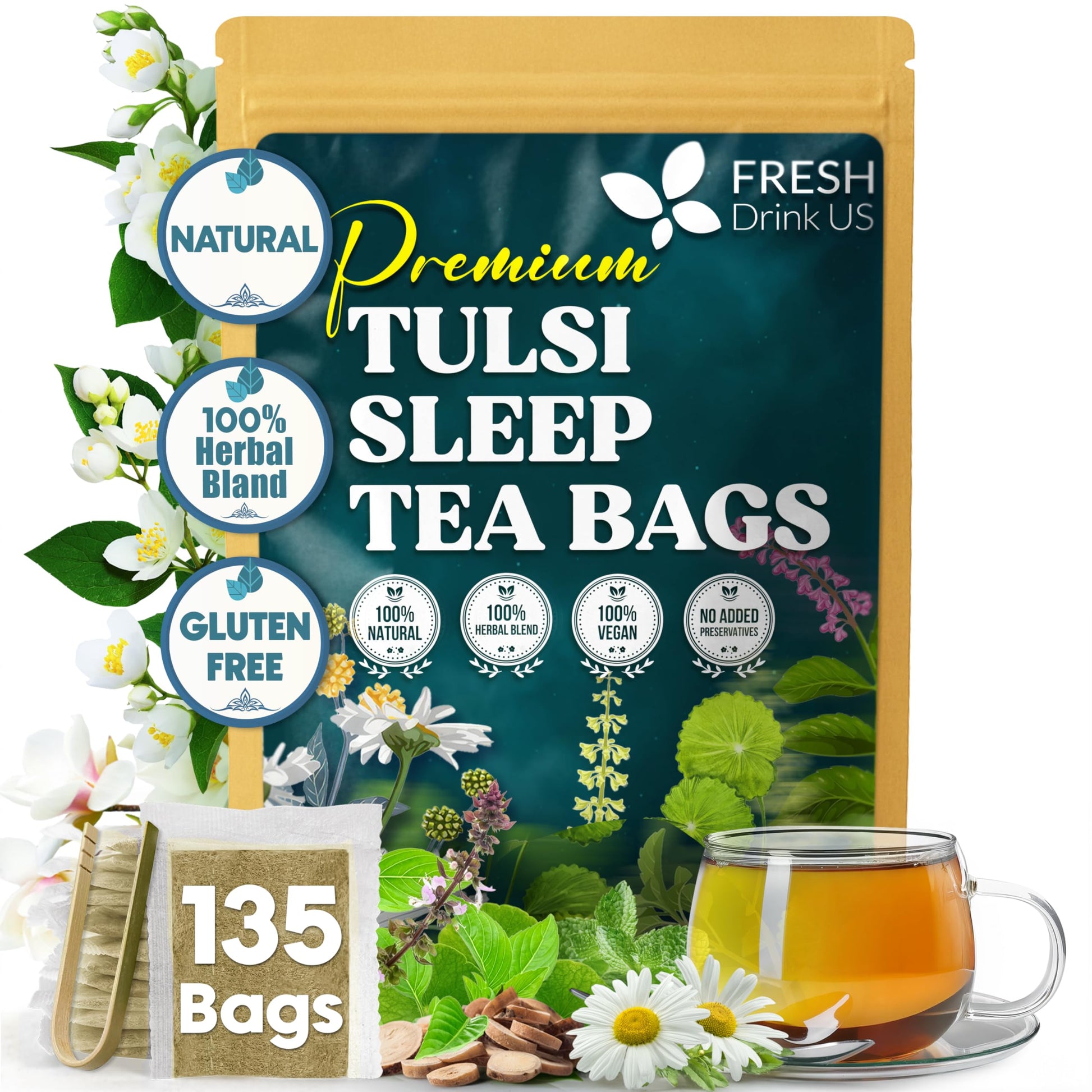 Freshdrinkus  Tulsi Sleep Tea Bags | 135 Tea Bags | Herbal Blend With Tulsi Holy Basil  Chamomile  Gotu Kola  Ashwagandha & Peppermint | Naturally Energy Blend-Free  Relaxing Evening Herbal Tea. Vegan