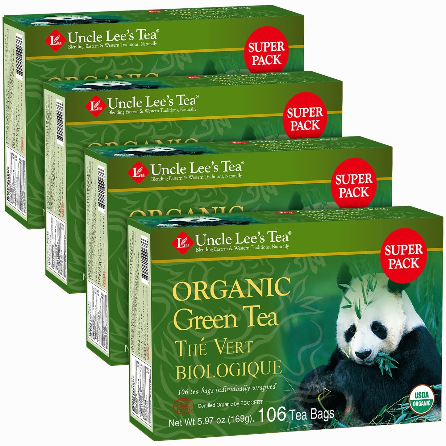 Uncle Lees Organic Green Tea Bags 4-Pack, 106-Count Super Packs – Bright & Refreshing, Lightly Caffeinated Bulk Tea for Home, Office, Camping