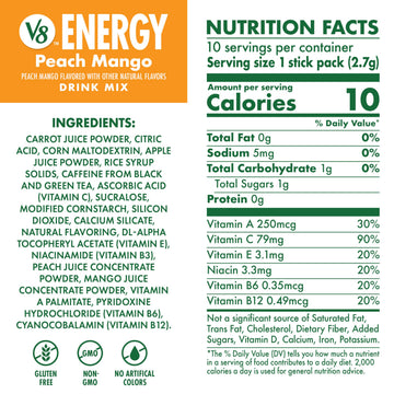 V8 Energy Drink Powder, Peach Mango Flavor, 120 Count, .10 oz Packets, Model 200000029343