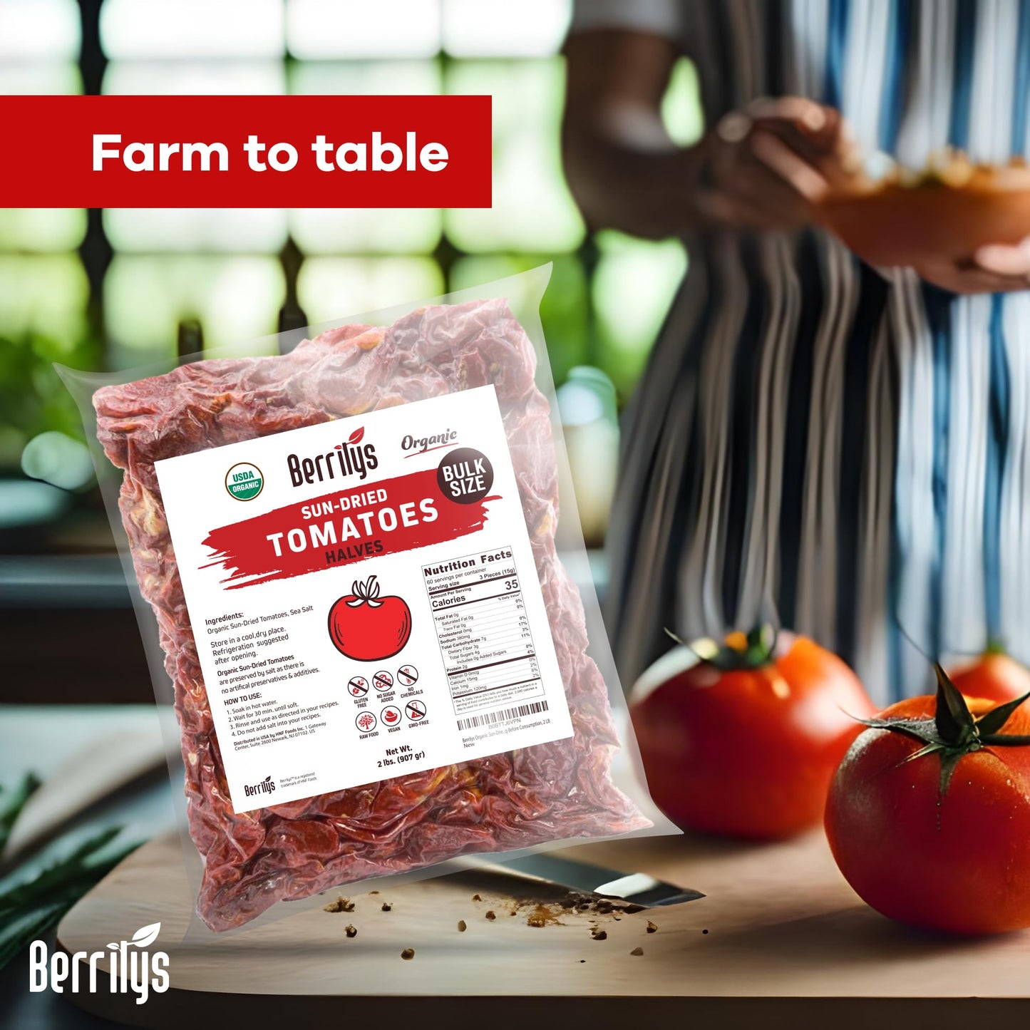 Sun-Dried Tomatoes, 2 LBS, USDA Organic, Berrilys, No Sulfur, No Preservatives, Seasalt is used as natural preservative, Raw, No