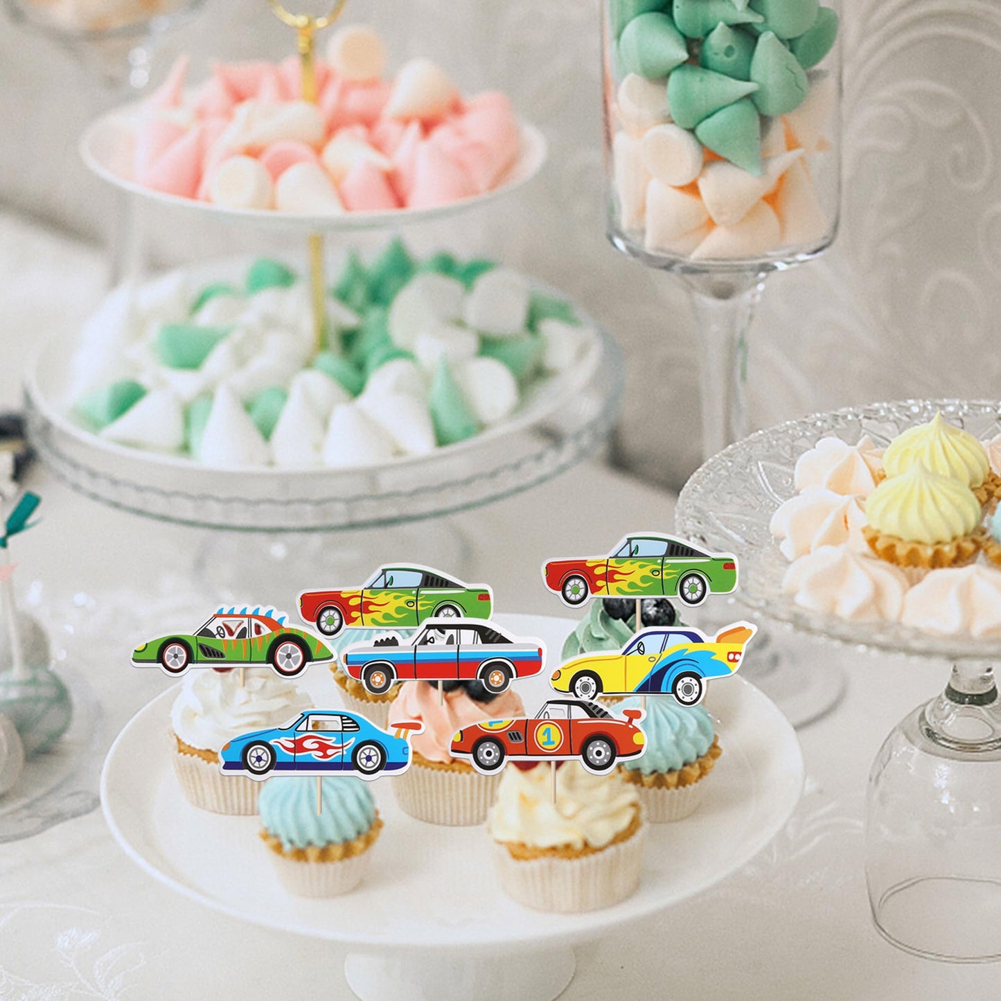 36 Pcs Racing Car Cupcake Toppers Double Sided Fighting Race Car Cupcake Picks For Let'S Go Racing Sports Theme Baby Shower Birt