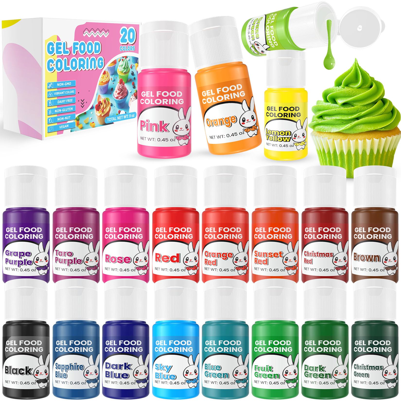Gel Food Coloring - 20 Colors x 0.45 oz Food Coloring Set, Food Grade Food Coloring Gel, Tasteless Food Dye for Baking, Icing, M