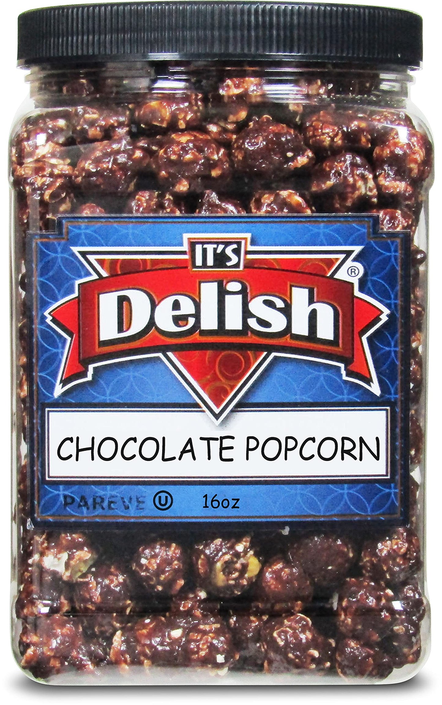 Gourmet Chocolate Popcorn by Its Delish, 16 OZ Jumbo Container - Festive Caramel Corn Air Popped Sweet and Crunchy Glazed Carmel
