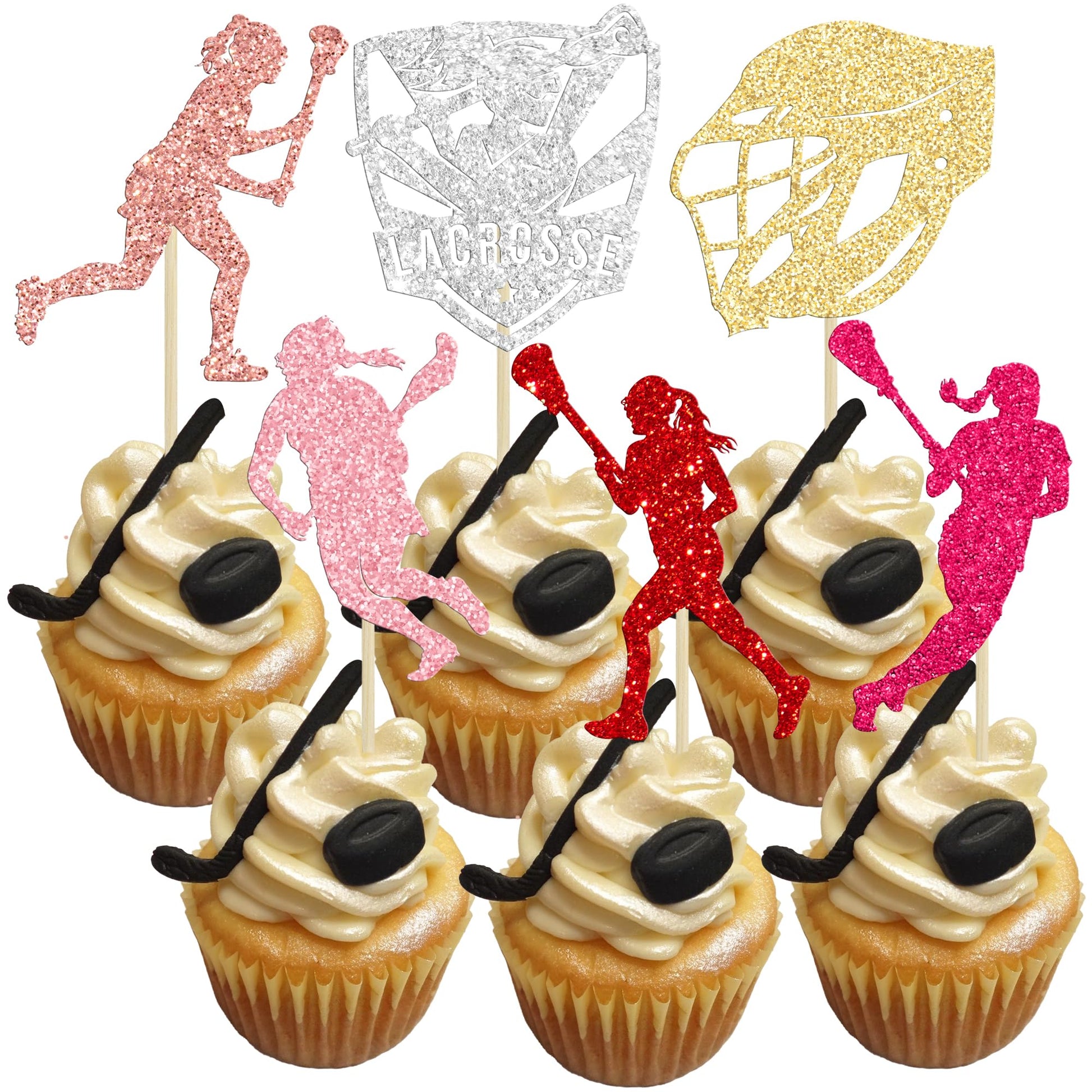 Gyufise 24Pcs Lacrosse Cupcake Toppers Glitter Lacrosse Party Decorations Lacrosse Player Cupcake Picks for Lacrosse Sport Baby 